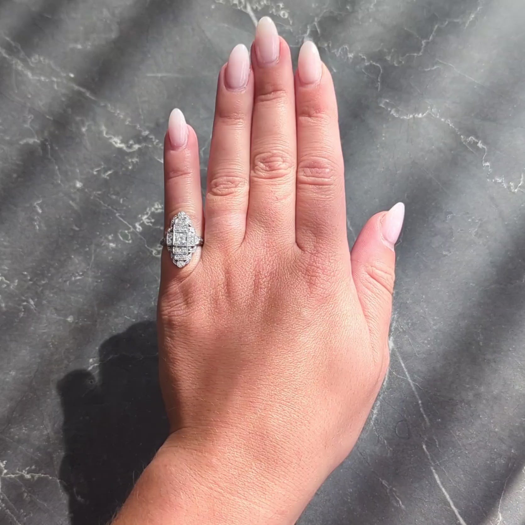 Art Deco 0.70 CTW Diamond Platinum Vintage Stepped Navette Dinner Ring