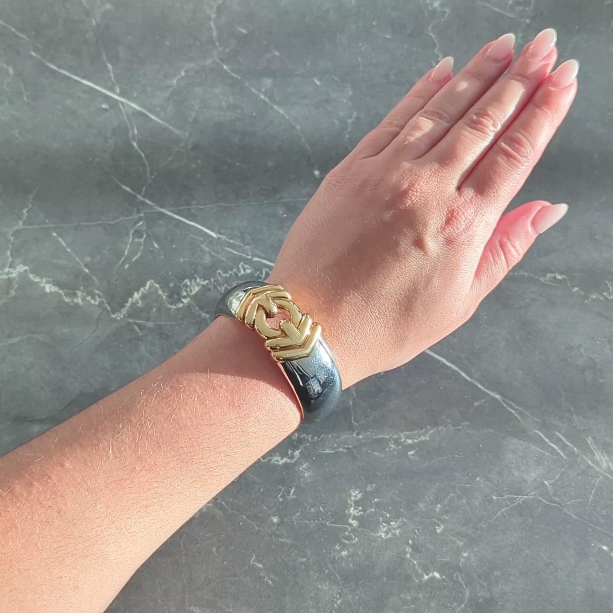 Bulgari 1990's 18K Yellow Gold Stainless Steel Vintage Alveare Cuff Bracelet