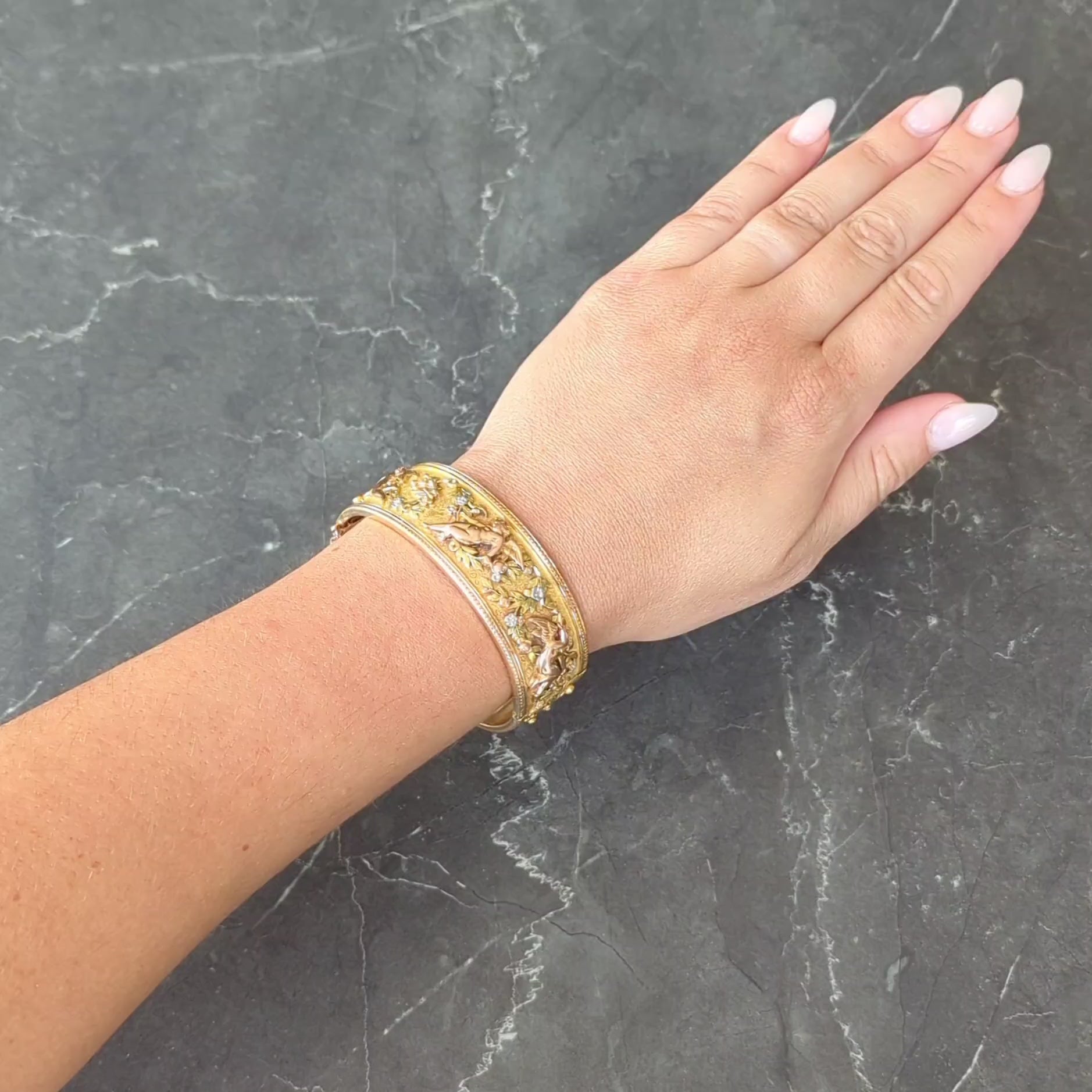 French Victorian 18 Karat Multi-Tone Gold Antique Floral Cherub Bangle Bracelet