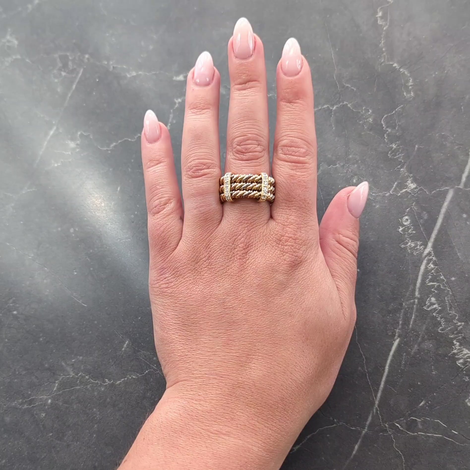 1970's Georg Jensen Diamond 18K Tri-Colored Gold Twisted Rope Vintage Band Ring