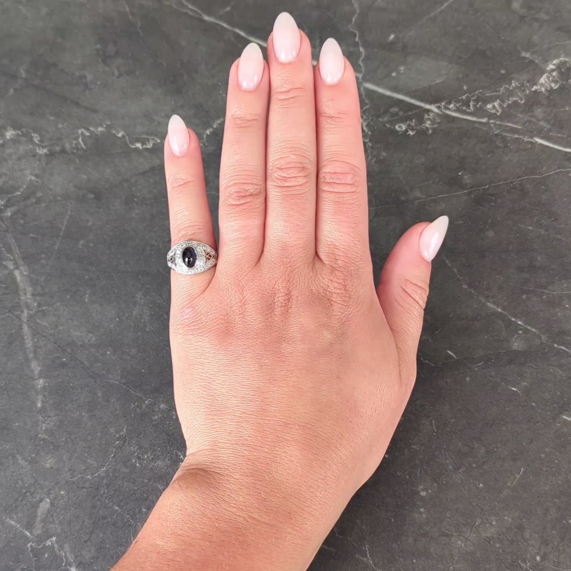 Art Deco Cabochon Sapphire Diamond Platinum Vintage Scrolling Bombé Ring