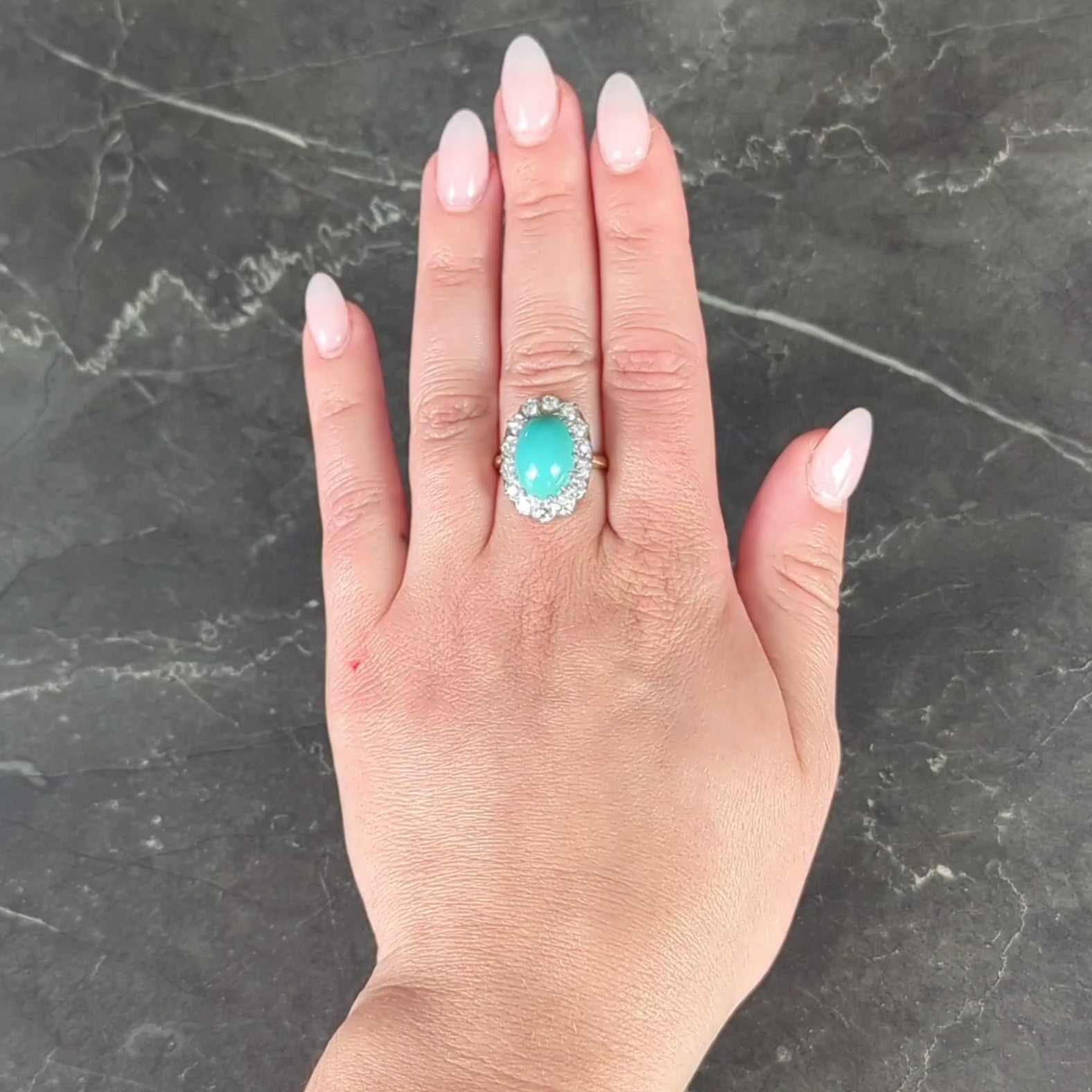 Edwardian Turquoise Diamond Platinum 14 Karat Yellow Gold Antique Halo Ring