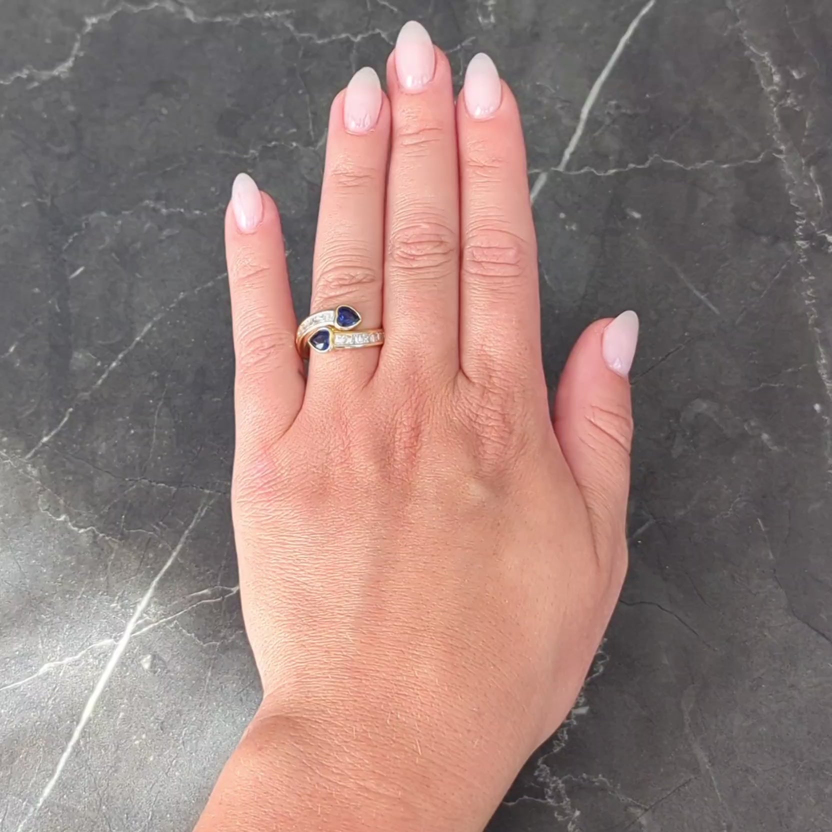 1980's Sapphire Diamond 18 Karat Yellow Gold Vintage Heart Bypass Ring