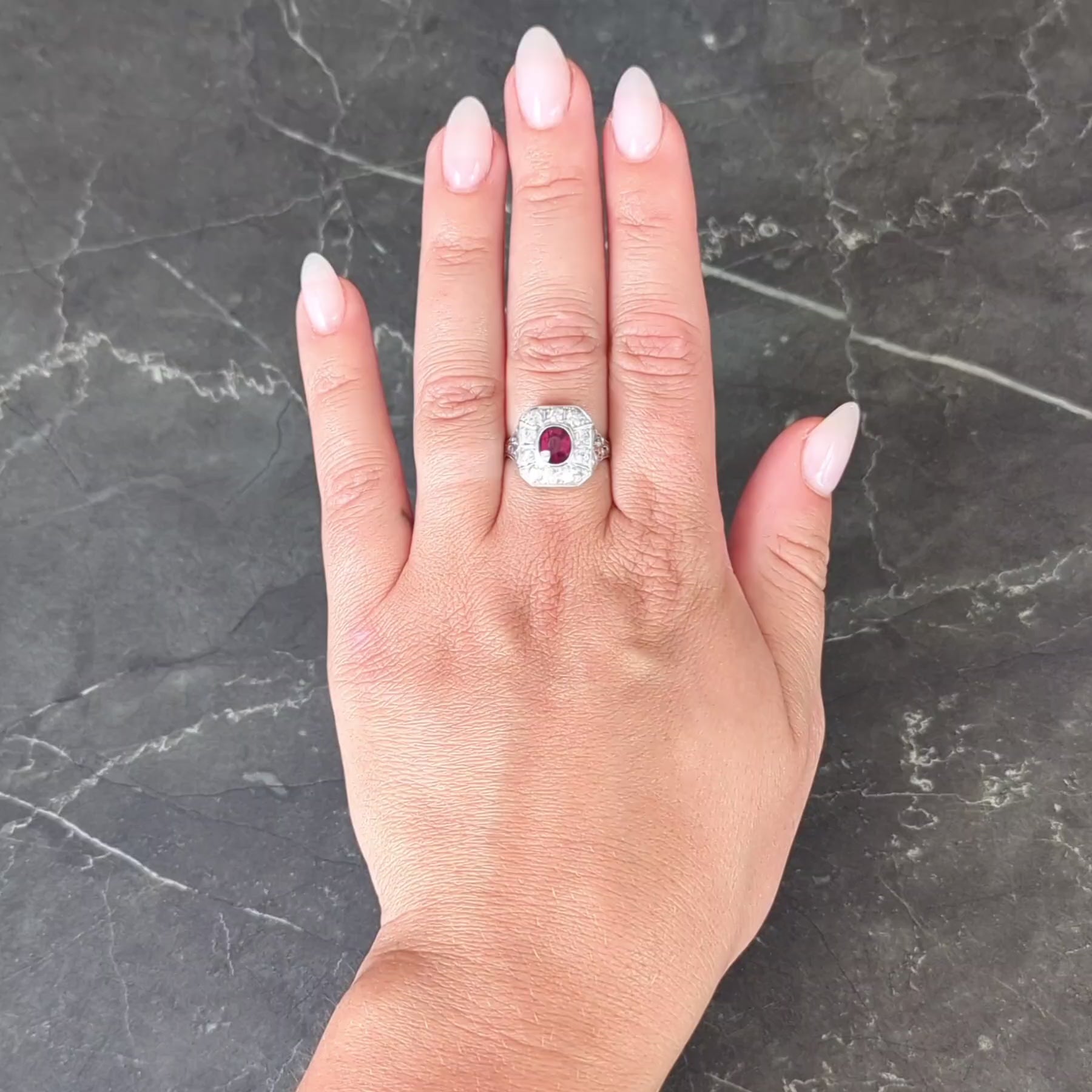 Art Deco 2.18 CTW No Heat Ruby Diamond Platinum Vintage Foliate Halo Ring GIA