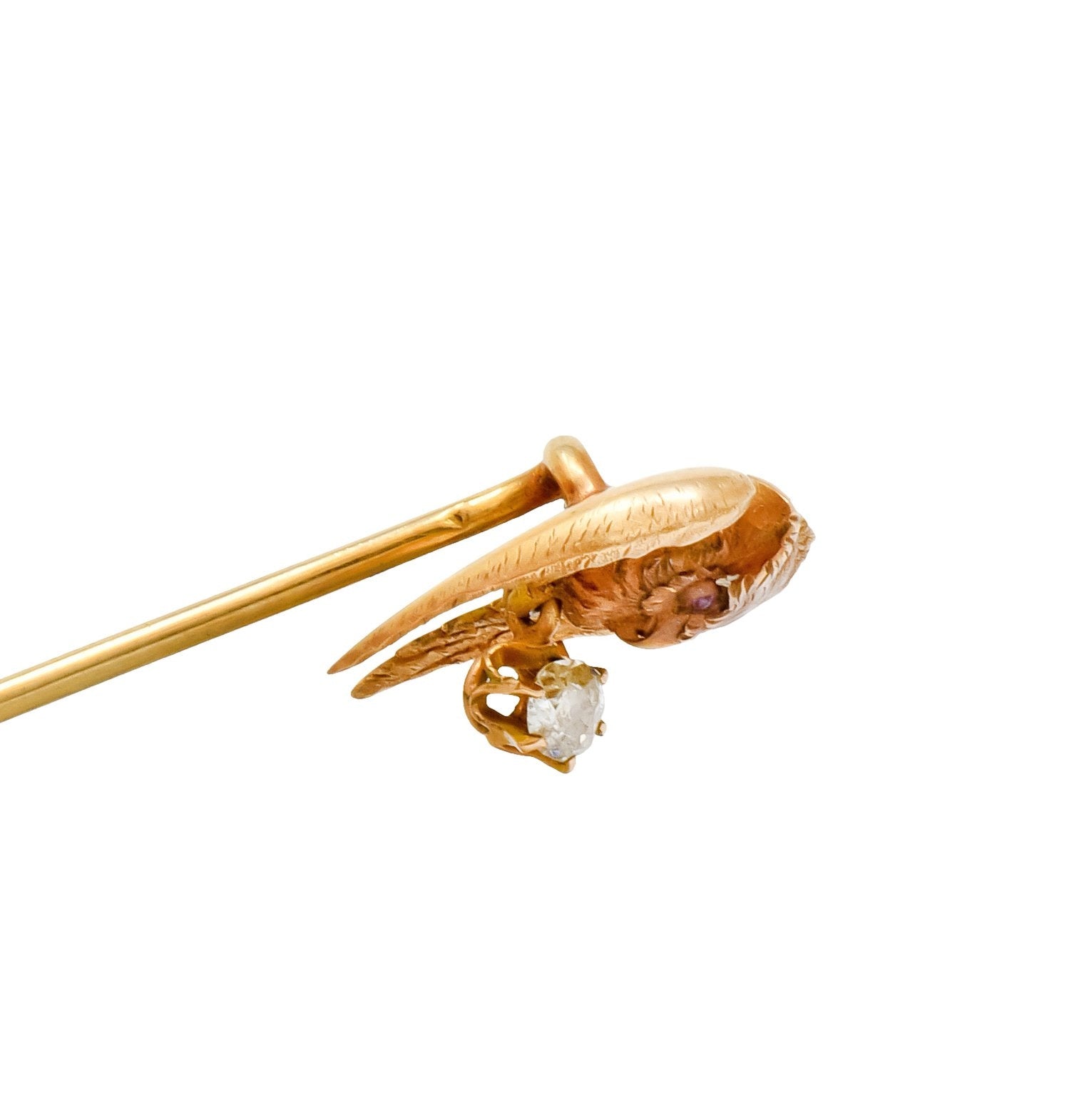 Victorian Diamond Ruby 18 Karat Gold Owl Stickpin Circa 1900 - Wilson's Estate Jewelry