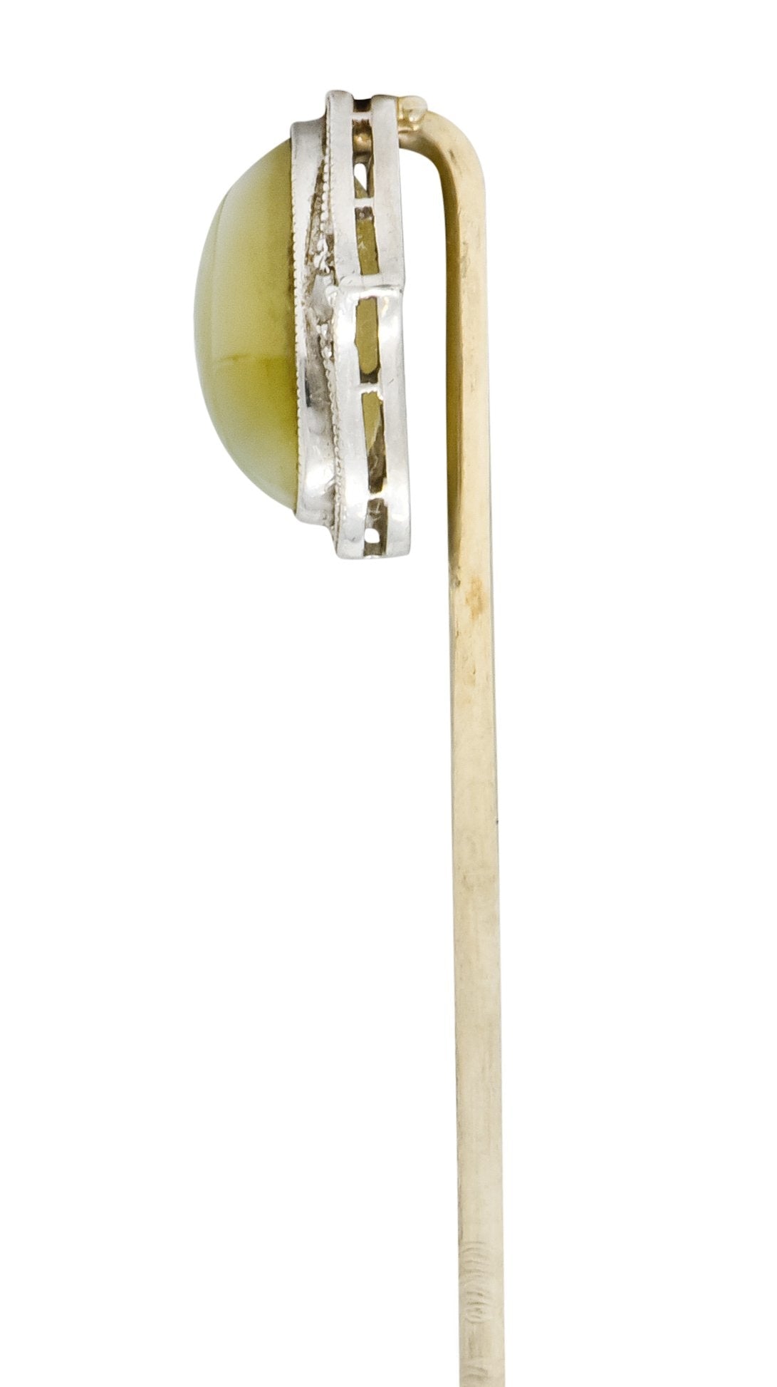 Edwardian Cat's Eye Chrysoberyl Diamond Platinum 14 Karat Gold Cabochon Stickpin - Wilson's Estate Jewelry