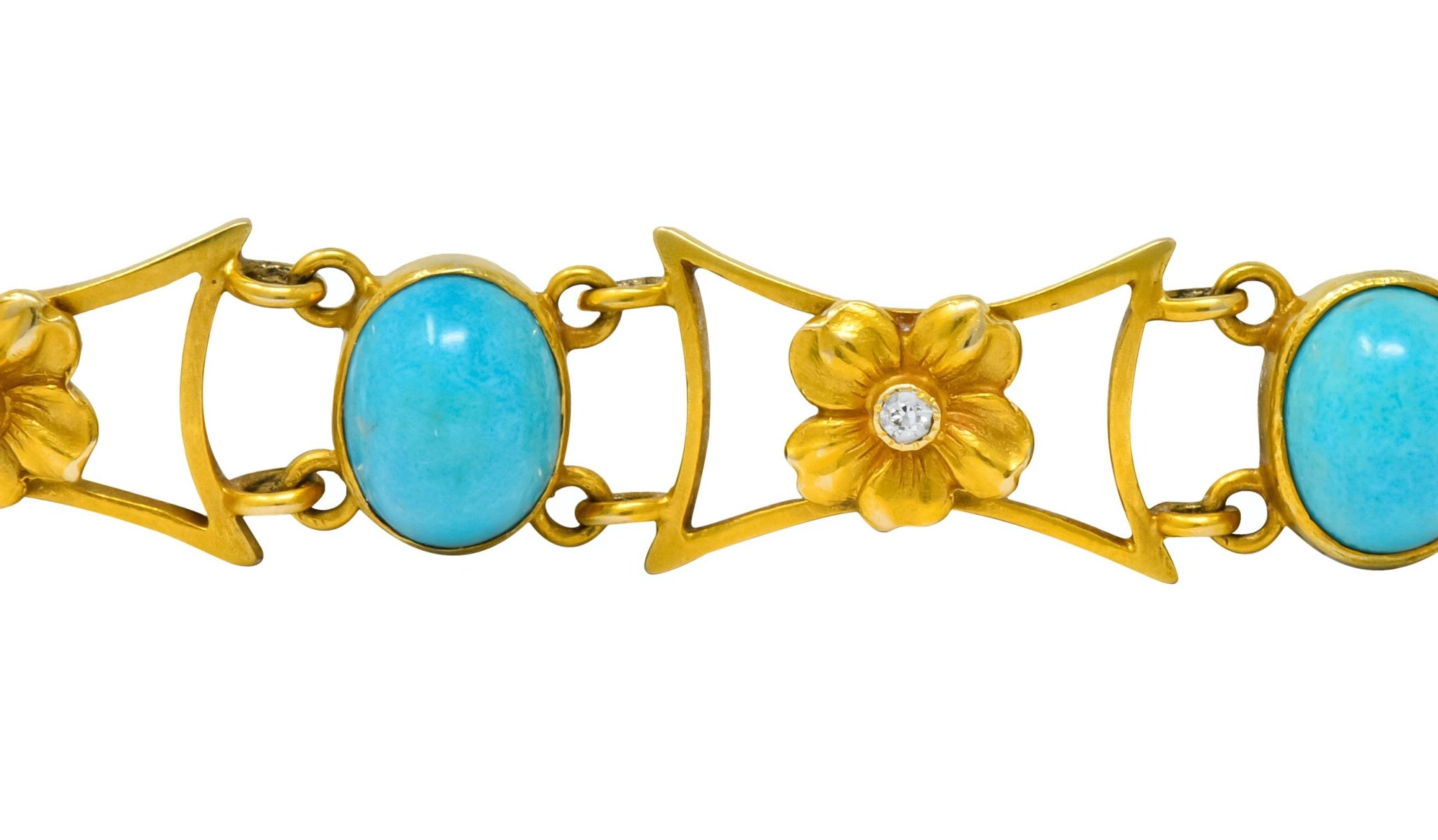 1905 Victorian Turquoise Diamond 14 Karat Yellow Gold Floral Link Bracelet - Wilson's Estate Jewelry