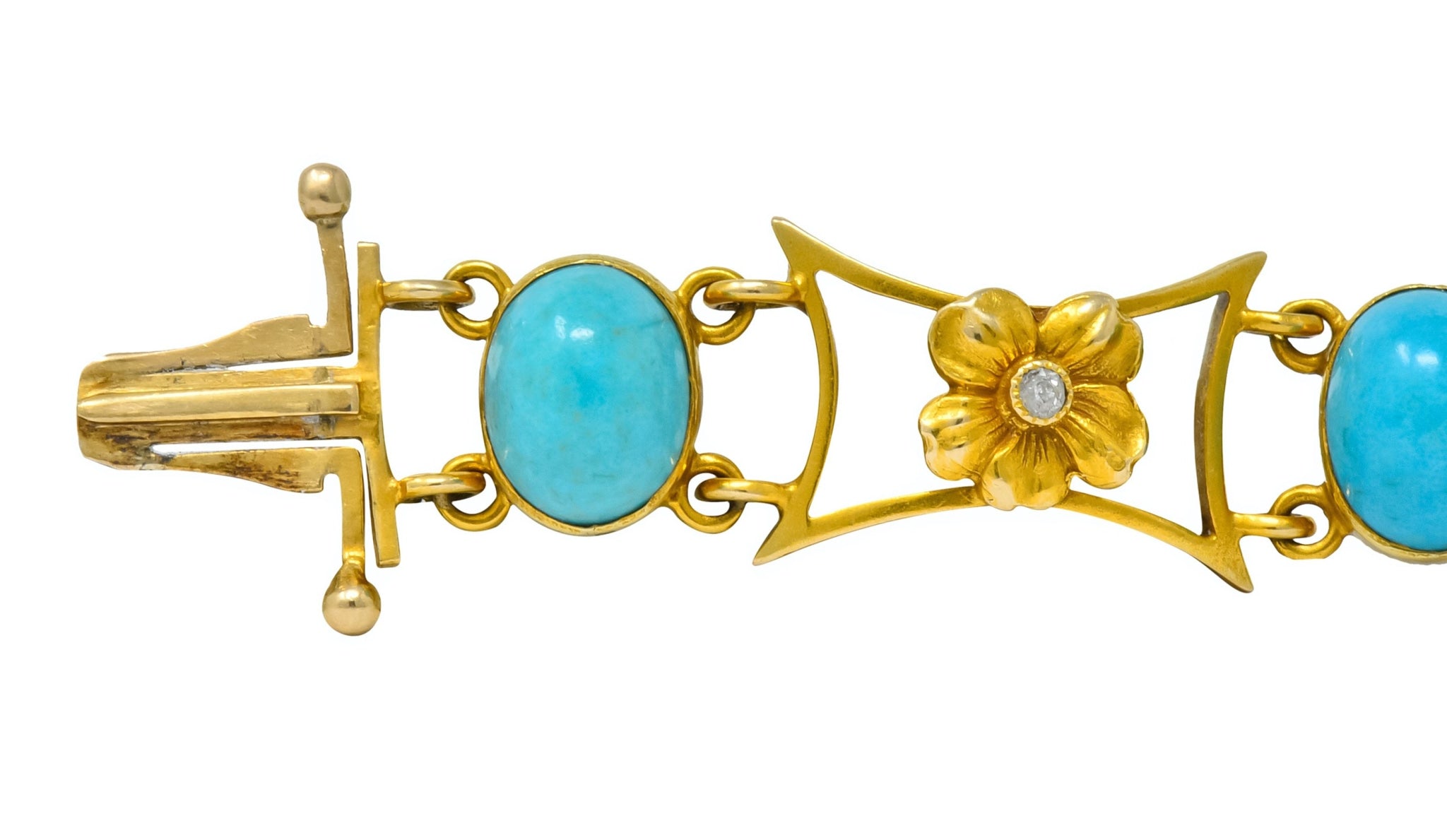 1905 Victorian Turquoise Diamond 14 Karat Yellow Gold Floral Link Bracelet - Wilson's Estate Jewelry