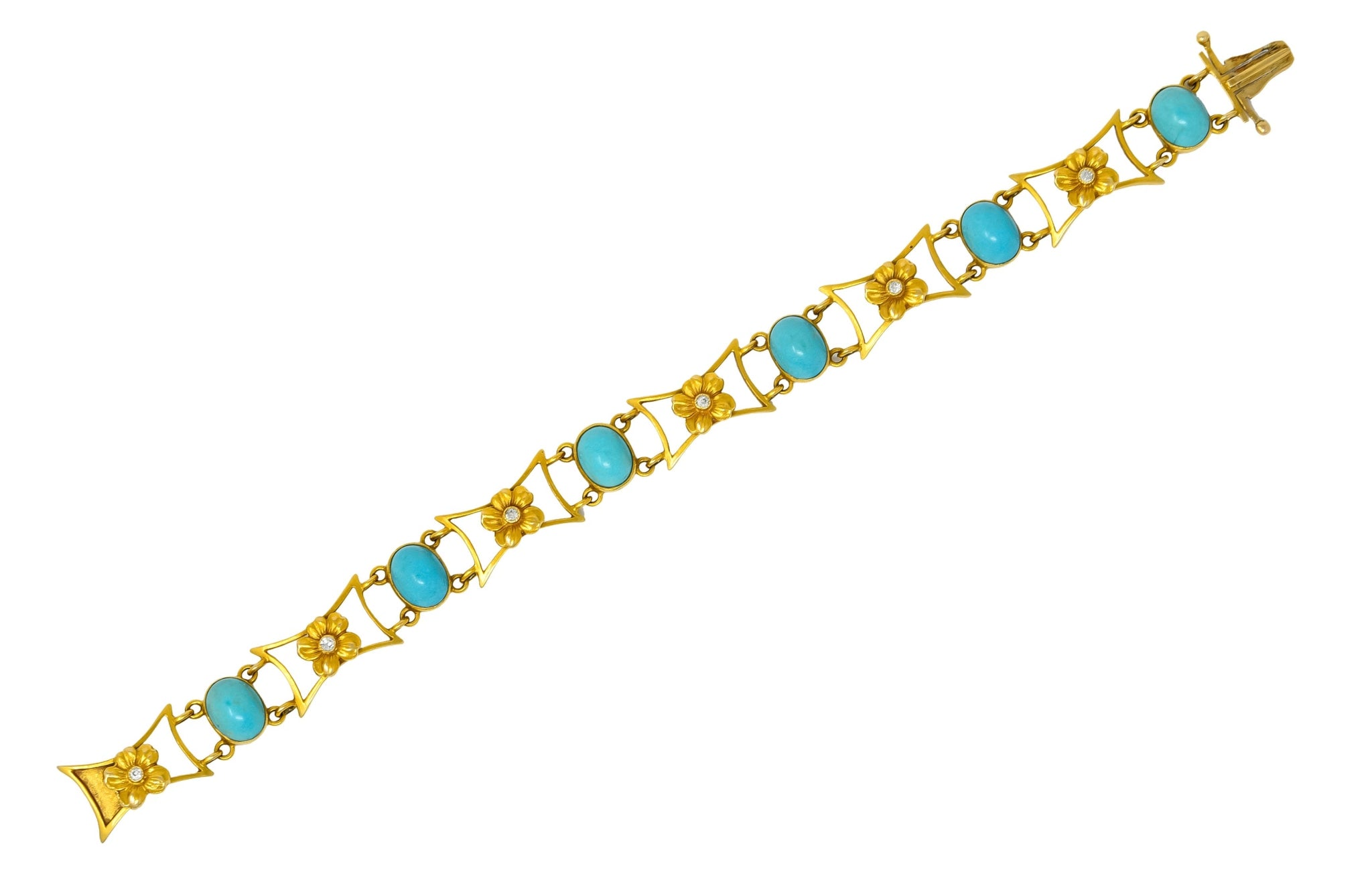 1905 Victorian Turquoise Diamond 14 Karat Yellow Gold Floral Link Bracelet - Wilson's Estate Jewelry
