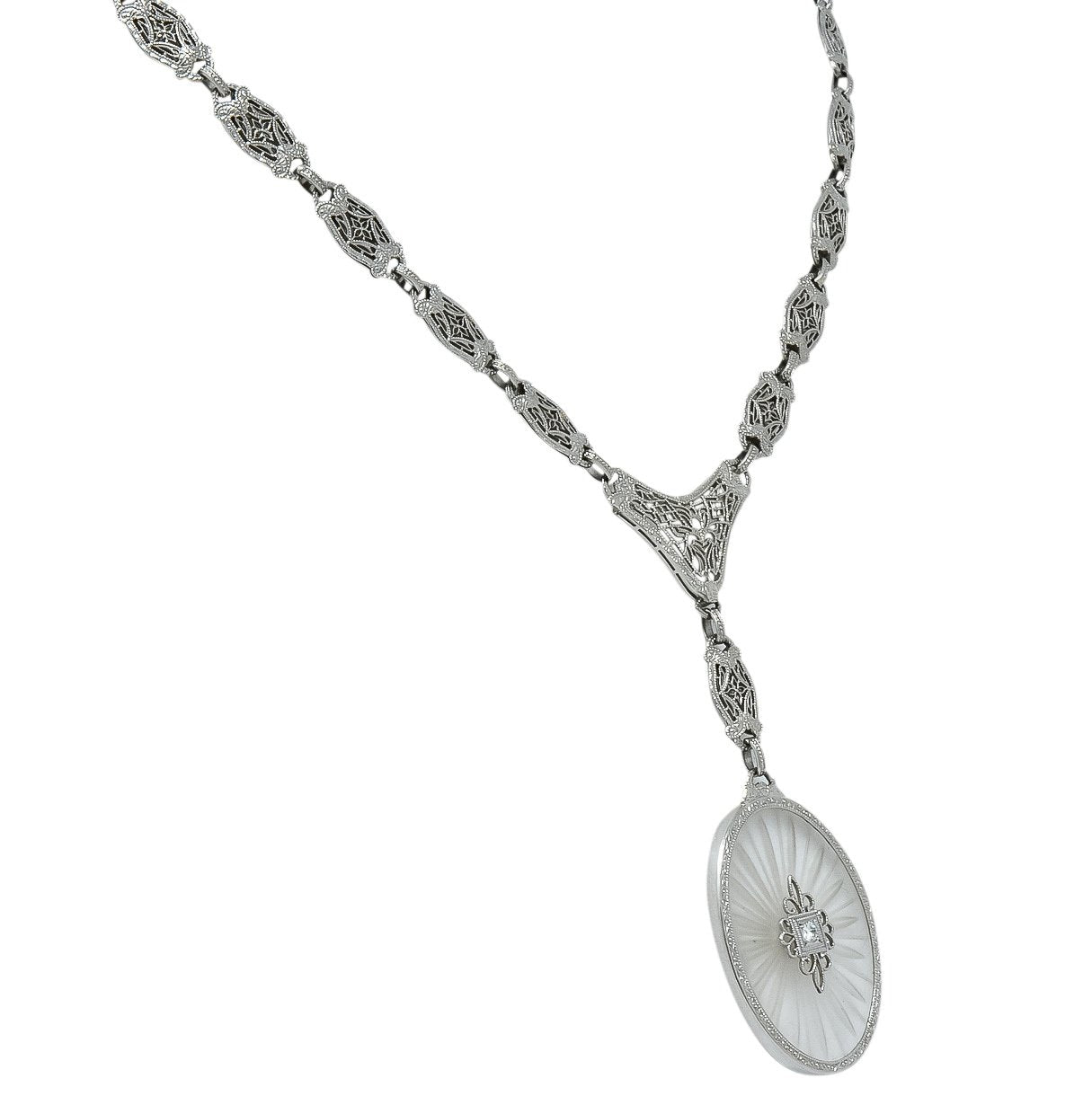 1920s Art Deco Camphor Glass Diamond 14 Karat White Gold Drop Necklace - Wilson's Estate Jewelry