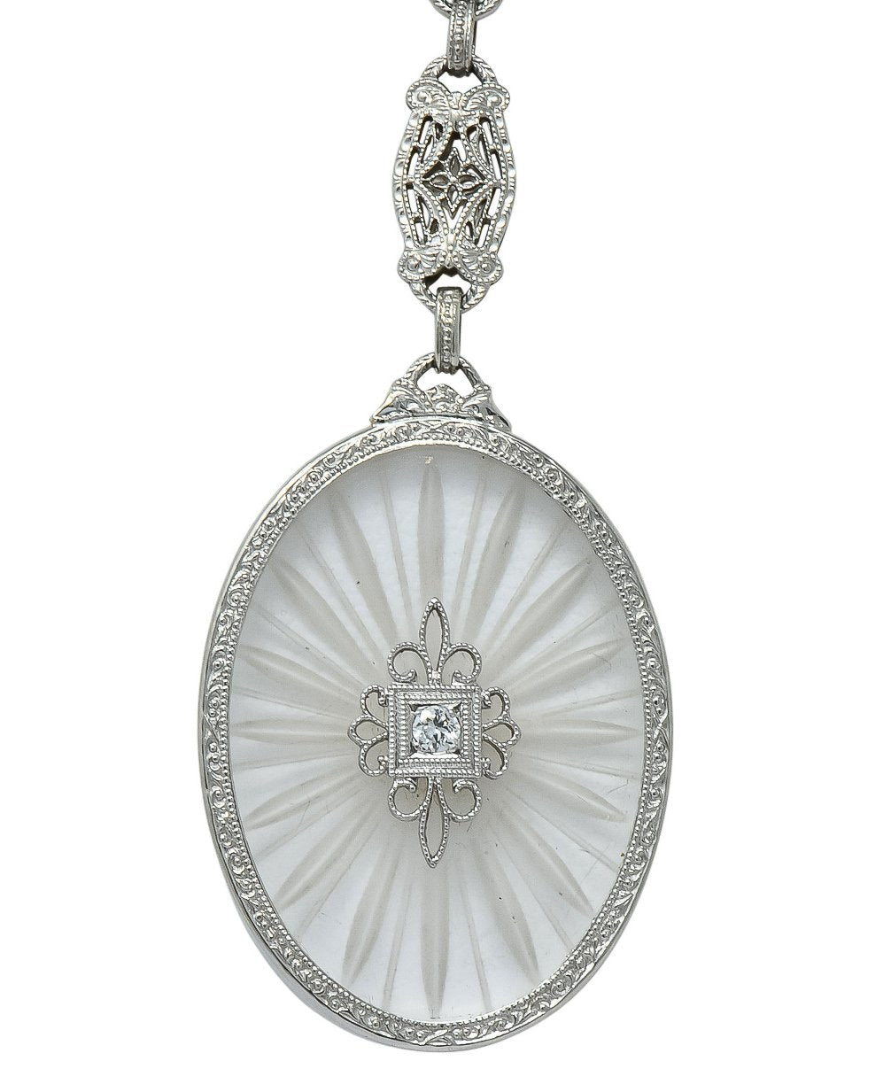 1920s Art Deco Camphor Glass Diamond 14 Karat White Gold Drop Necklace - Wilson's Estate Jewelry