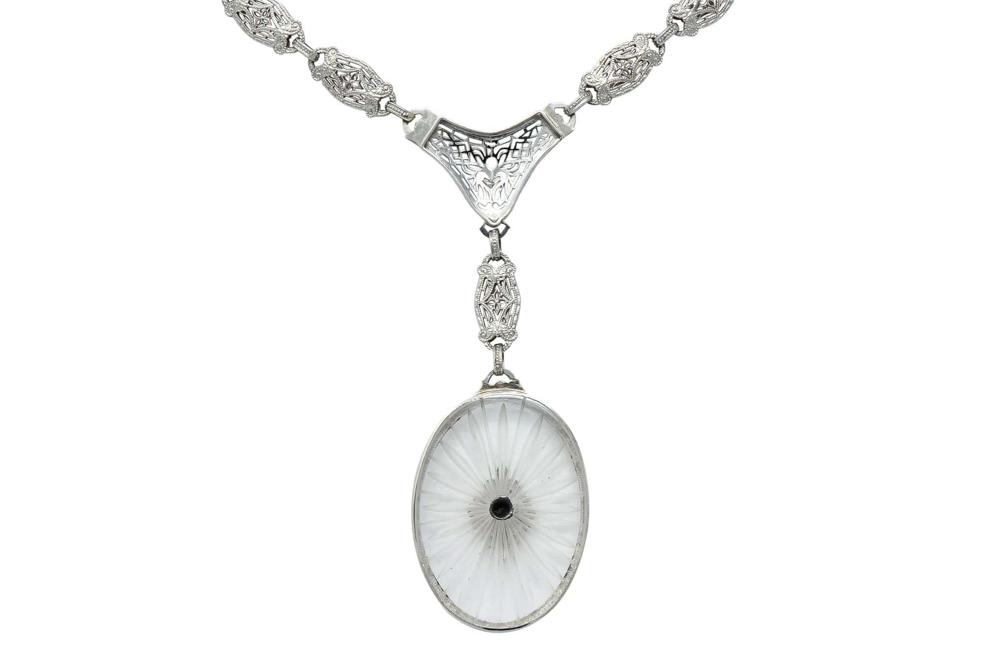 1920s Art Deco Camphor Glass Diamond 14 Karat White Gold Drop Necklace - Wilson's Estate Jewelry