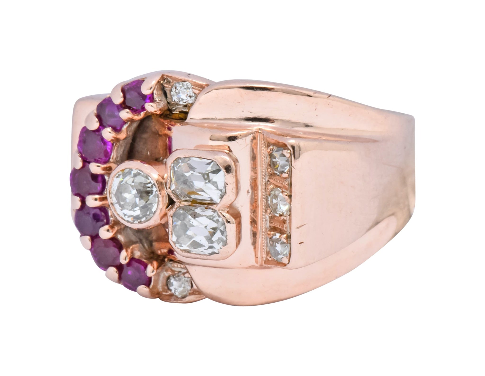 1940's Retro 1.20 CTW Diamond Ruby 14 Karat Rose Gold Buckle Ring - Wilson's Estate Jewelry