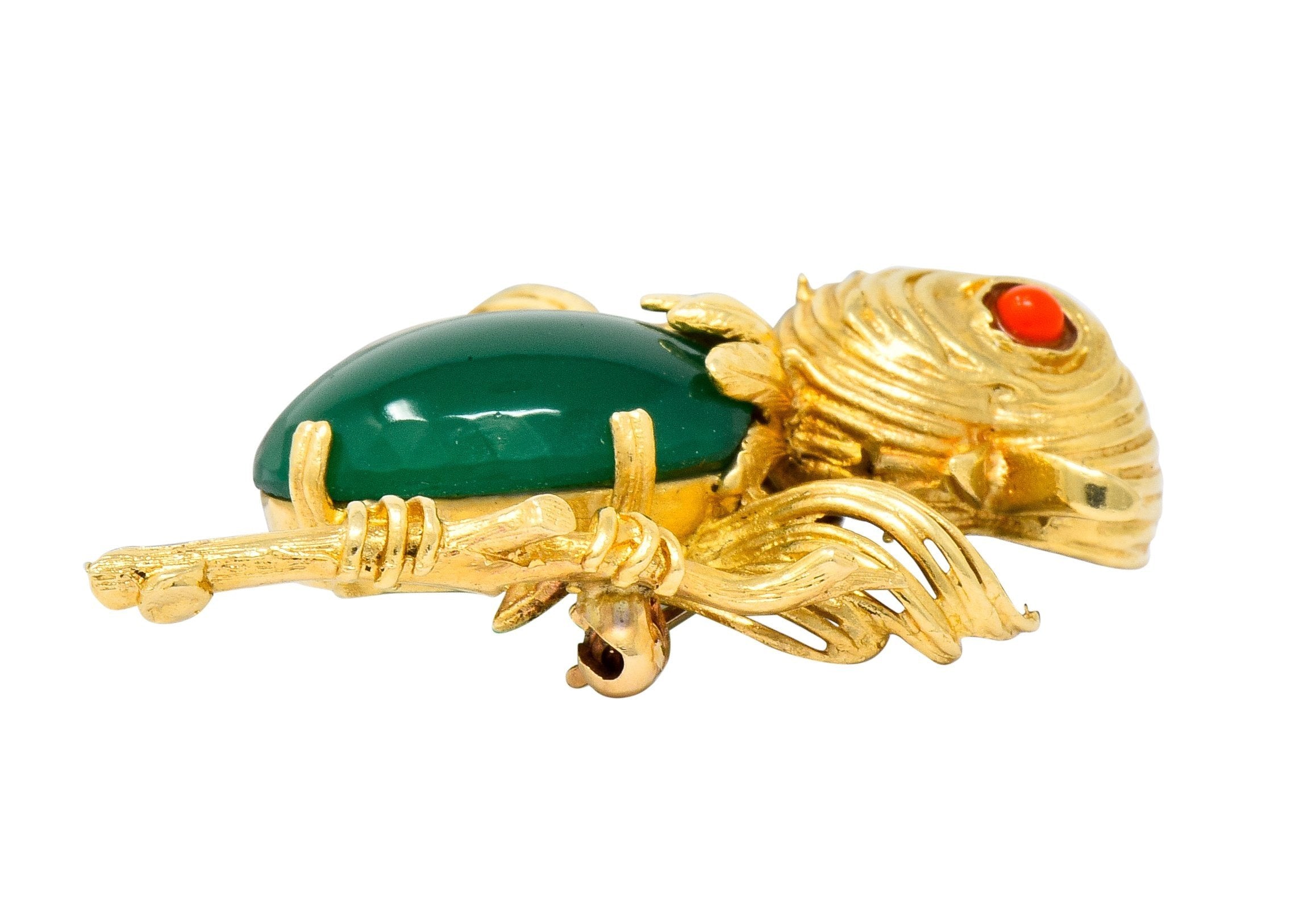 1970's Vintage Chrysoprase 14 Karat Gold Baby Bird Brooch - Wilson's Estate Jewelry