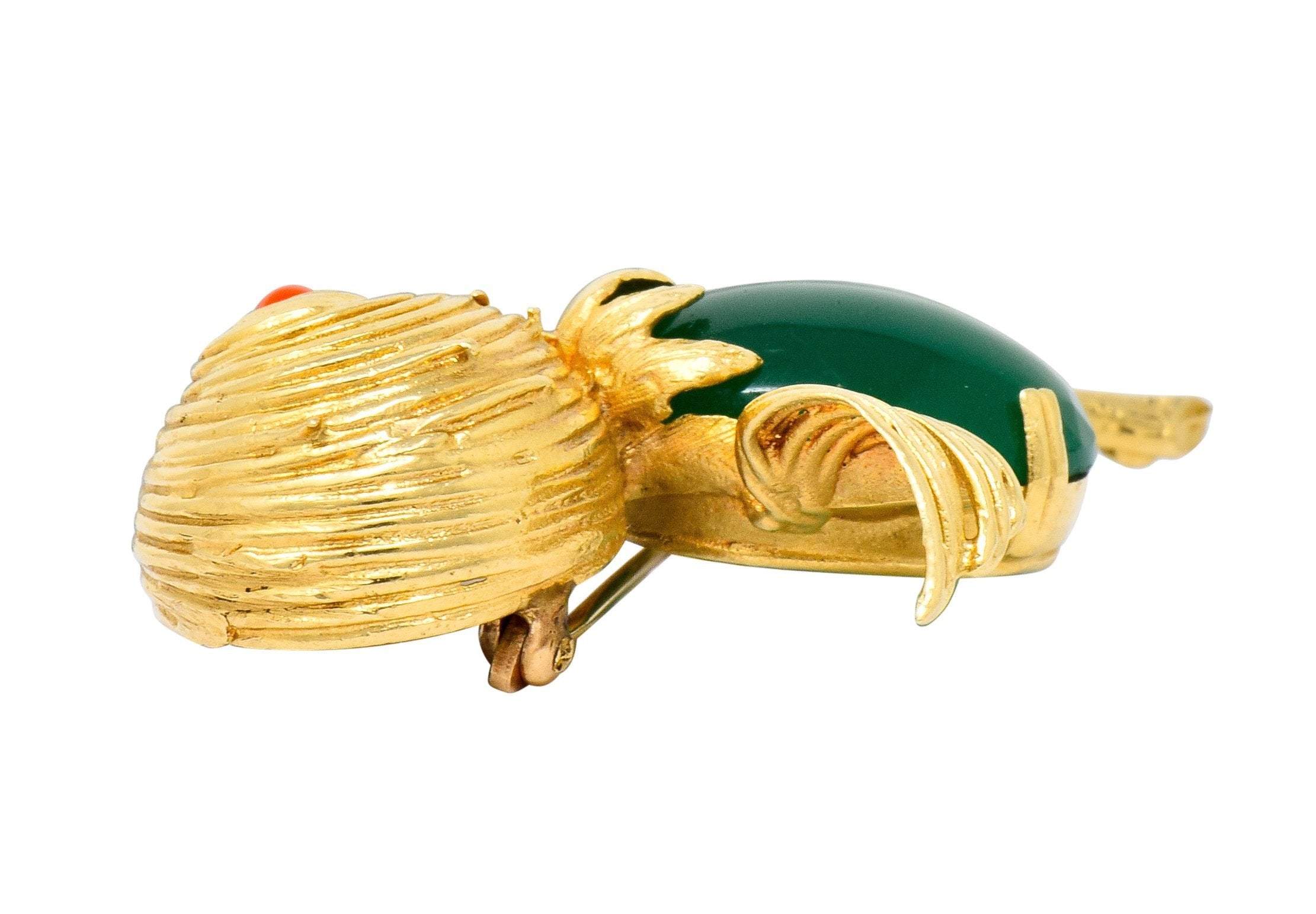 1970's Vintage Chrysoprase 14 Karat Gold Baby Bird Brooch - Wilson's Estate Jewelry