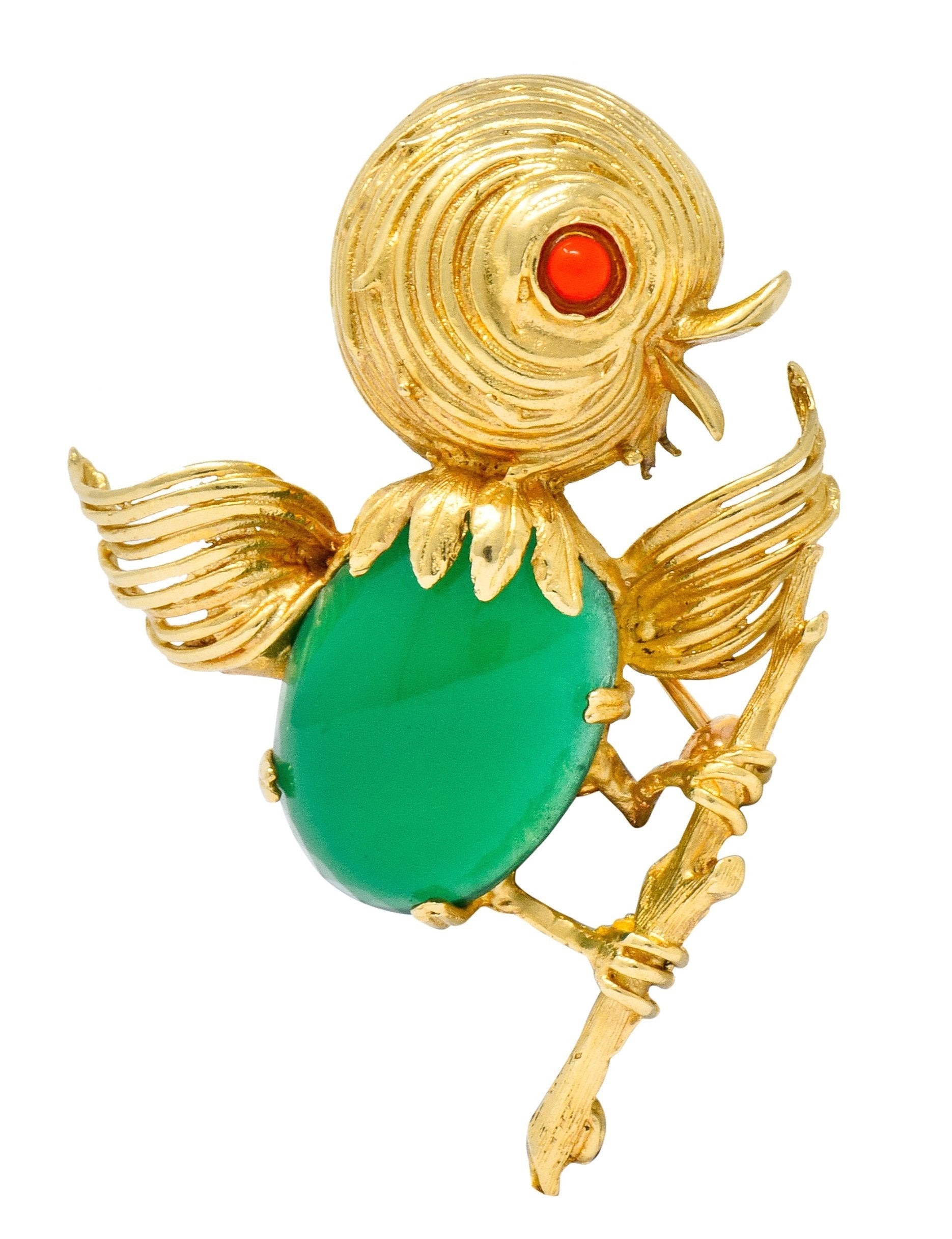 1970's Vintage Chrysoprase 14 Karat Gold Baby Bird Brooch - Wilson's Estate Jewelry