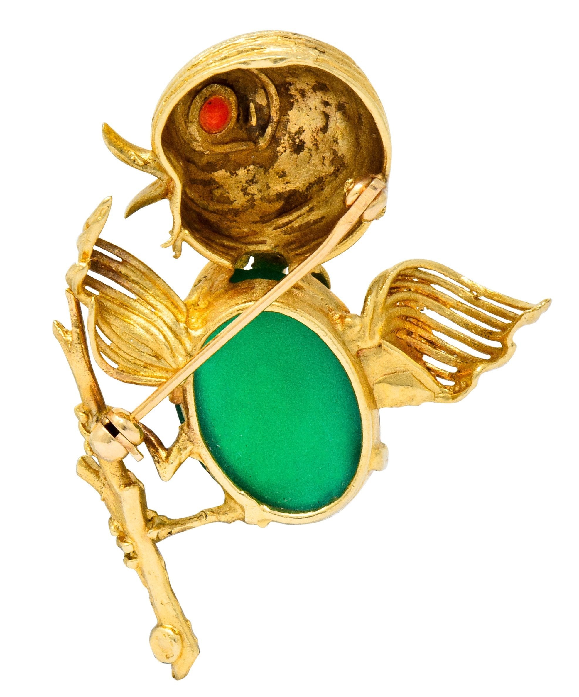 1970's Vintage Chrysoprase 14 Karat Gold Baby Bird Brooch - Wilson's Estate Jewelry