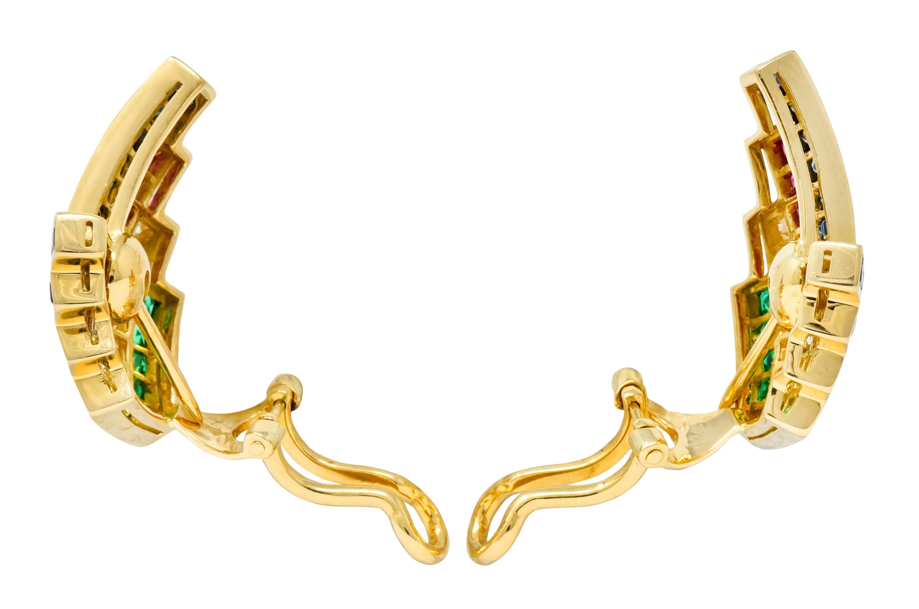 1980s Vintage 5.92 CTW Emerald Ruby Sapphire Diamond 18 Karat Gold Chevron Earrings - Wilson's Estate Jewelry