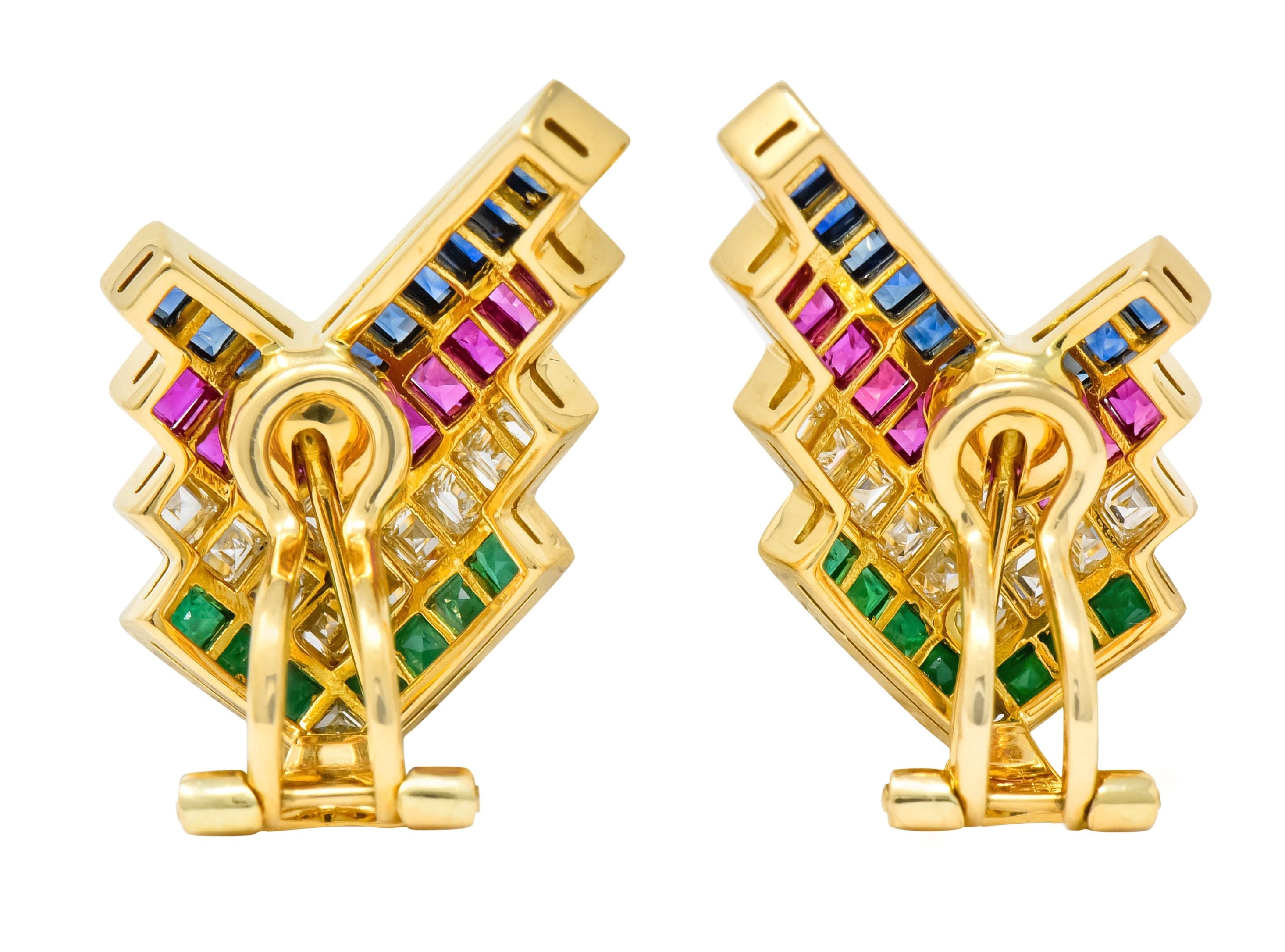 1980s Vintage 5.92 CTW Emerald Ruby Sapphire Diamond 18 Karat Gold Chevron Earrings - Wilson's Estate Jewelry