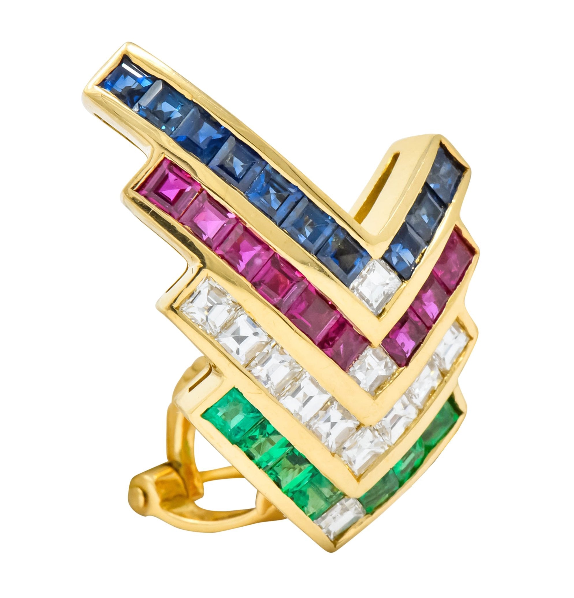 1980s Vintage 5.92 CTW Emerald Ruby Sapphire Diamond 18 Karat Gold Chevron Earrings - Wilson's Estate Jewelry