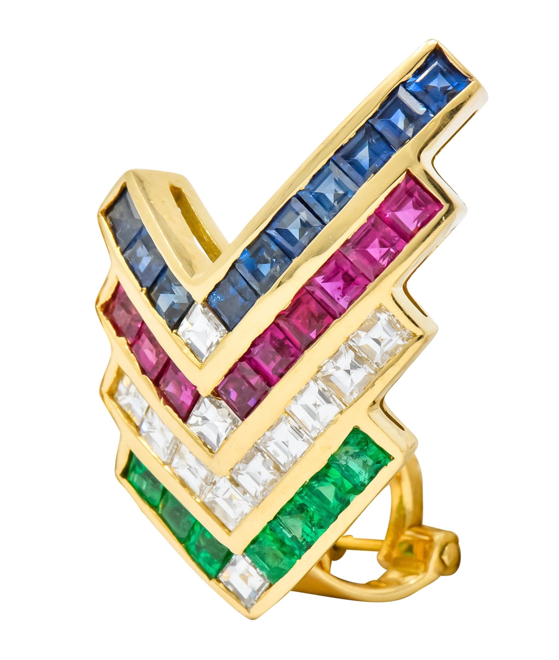1980s Vintage 5.92 CTW Emerald Ruby Sapphire Diamond 18 Karat Gold Chevron Earrings - Wilson's Estate Jewelry