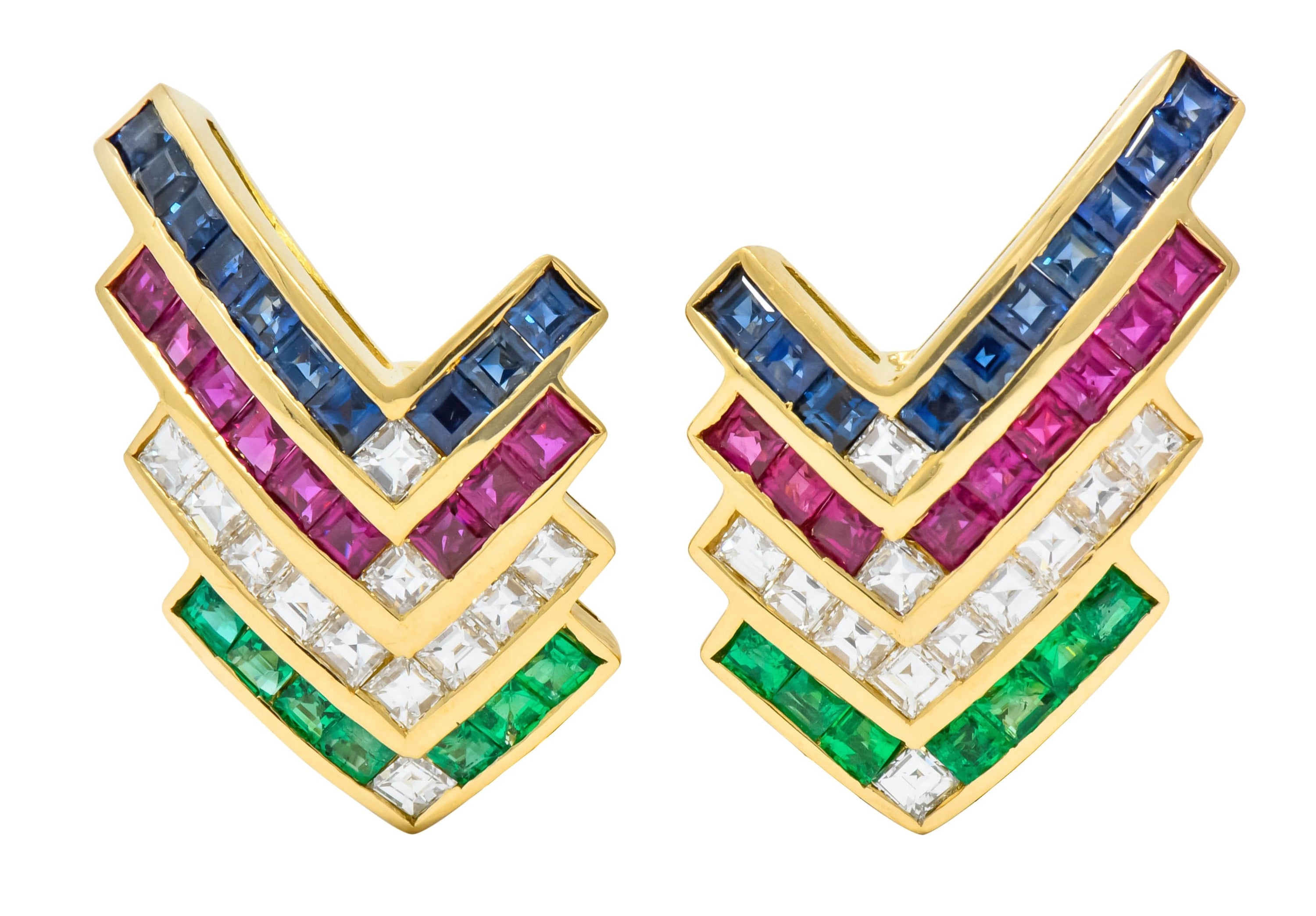 1980s Vintage 5.92 CTW Emerald Ruby Sapphire Diamond 18 Karat Gold Chevron Earrings - Wilson's Estate Jewelry