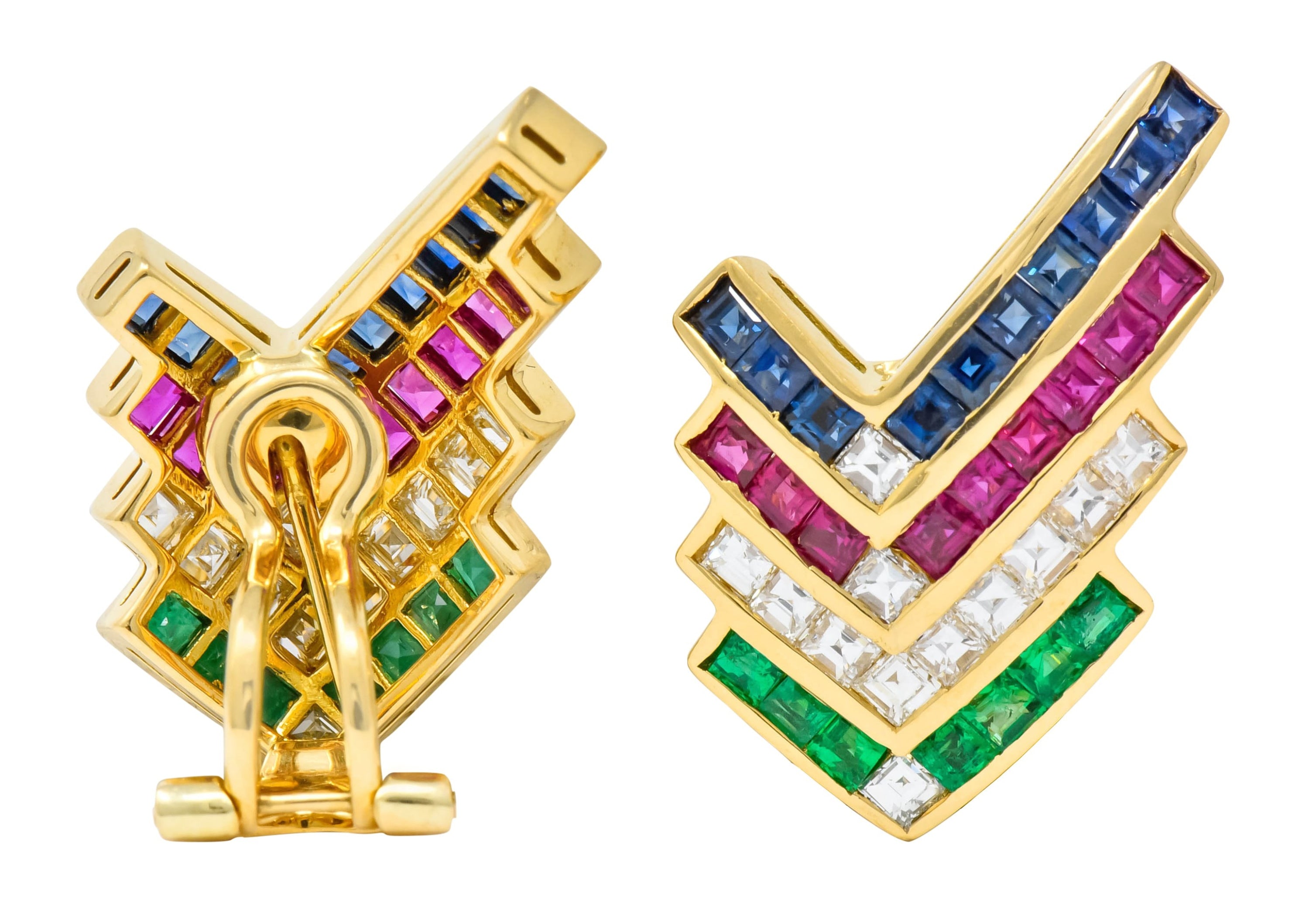 1980s Vintage 5.92 CTW Emerald Ruby Sapphire Diamond 18 Karat Gold Chevron Earrings - Wilson's Estate Jewelry