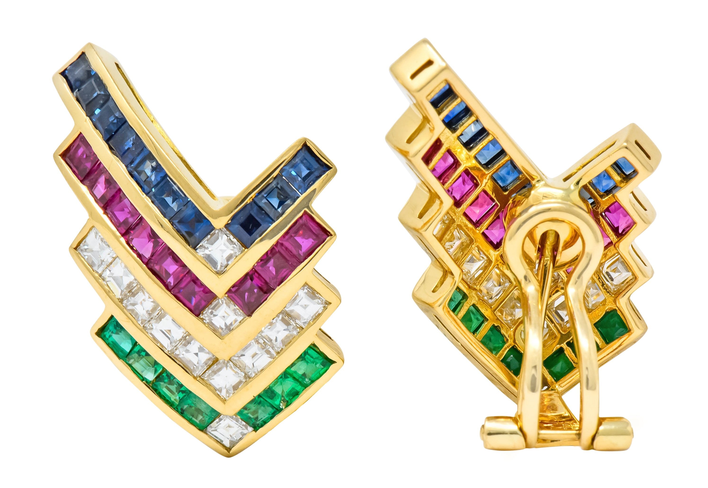 1980s Vintage 5.92 CTW Emerald Ruby Sapphire Diamond 18 Karat Gold Chevron Earrings - Wilson's Estate Jewelry