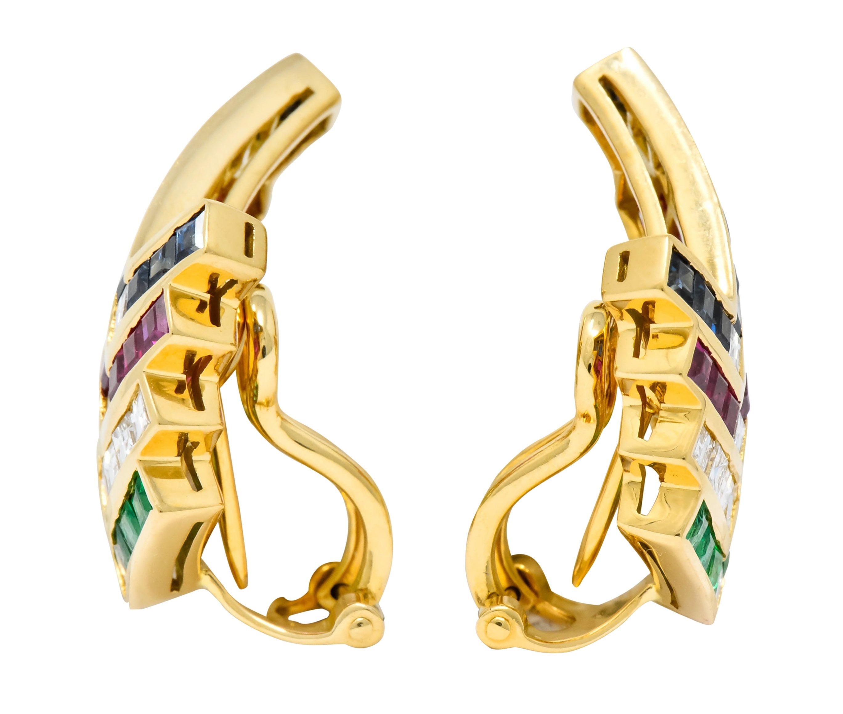 1980s Vintage 5.92 CTW Emerald Ruby Sapphire Diamond 18 Karat Gold Chevron Earrings - Wilson's Estate Jewelry