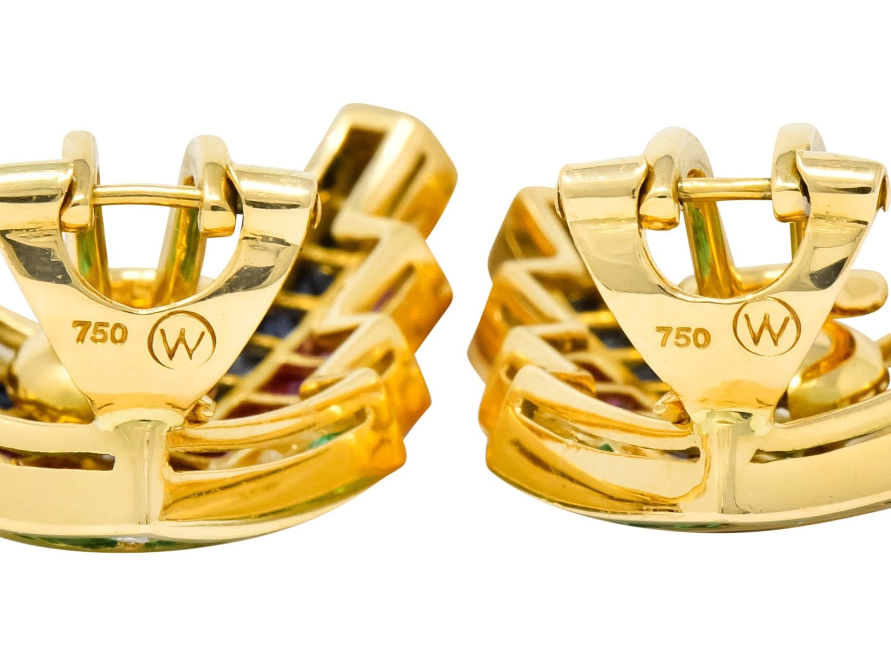 1980s Vintage 5.92 CTW Emerald Ruby Sapphire Diamond 18 Karat Gold Chevron Earrings - Wilson's Estate Jewelry