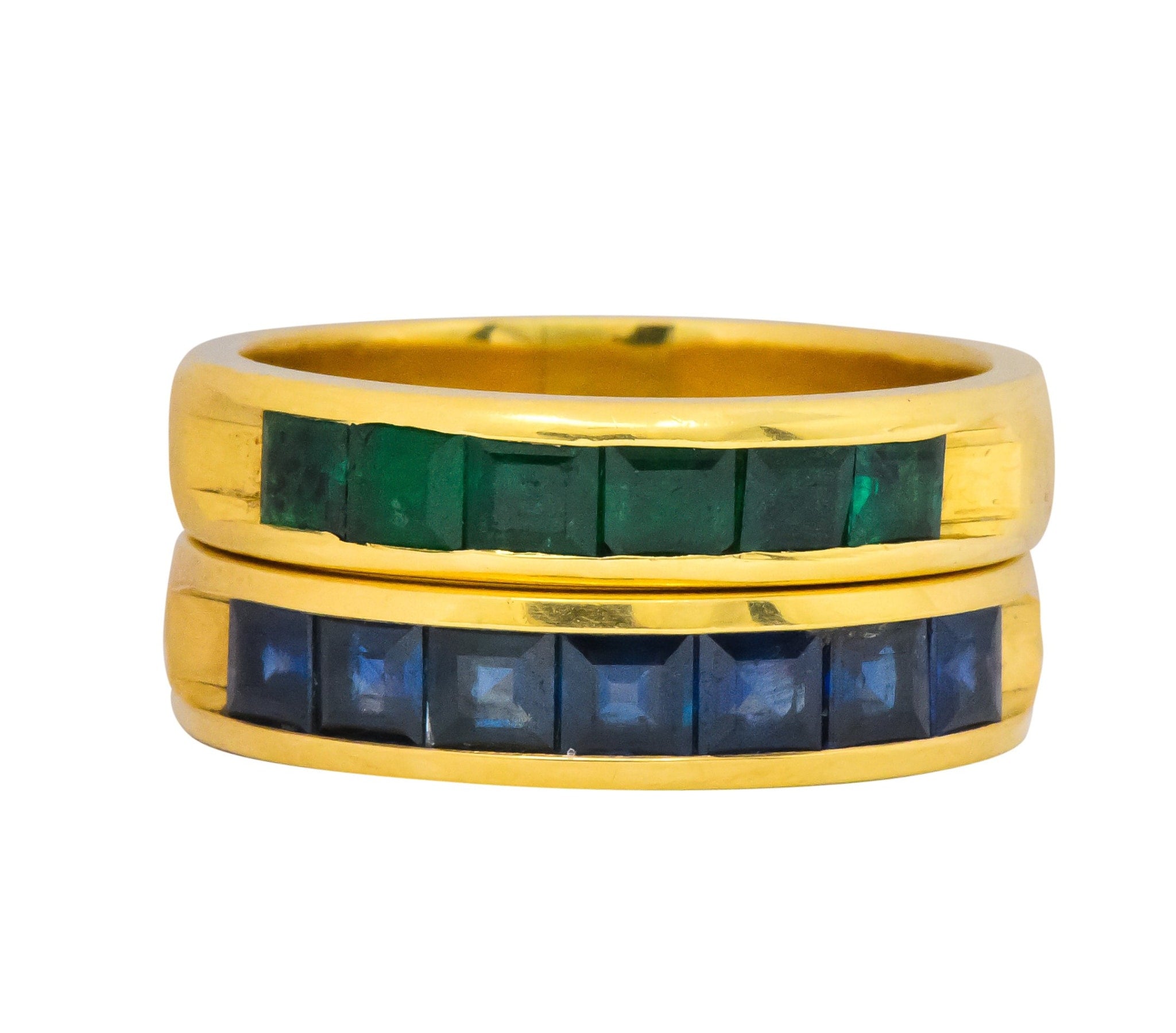 2 Contemporary 5.50 CTW Sapphire Emerald 18 Karat Gold Men's Band Rings Wilson's Estate Jewelry