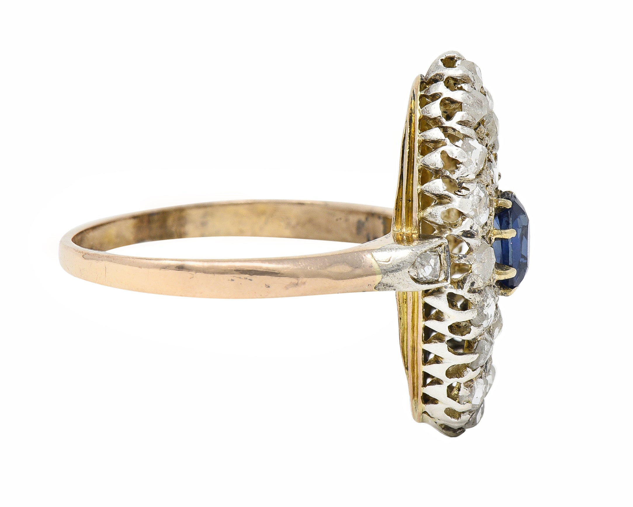 Victorian 1.84 CTW Sapphire Diamond 18 Karat Gold Silver Antique Cluster Ring