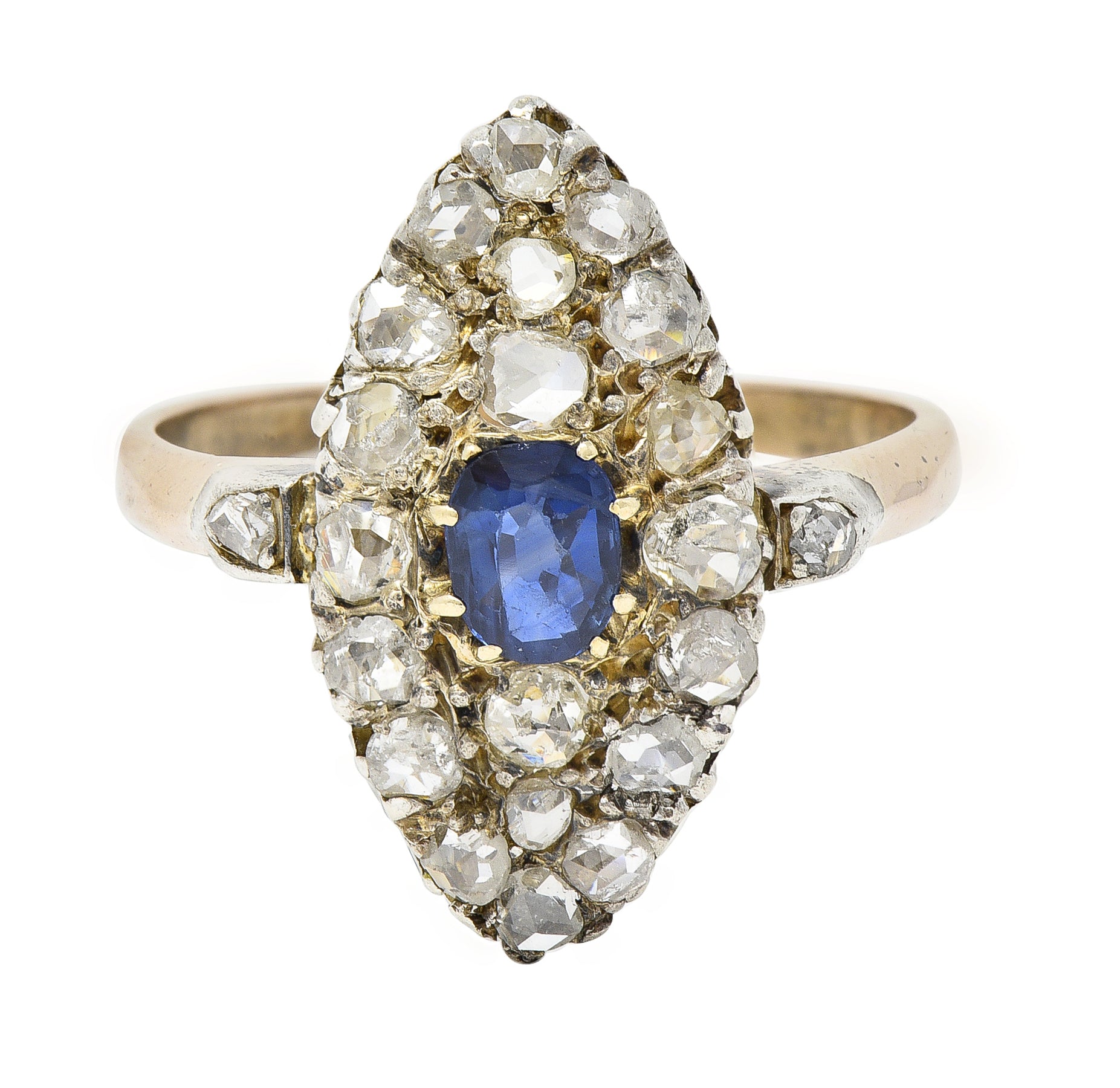 Victorian 1.84 CTW Sapphire Diamond 18 Karat Gold Silver Antique Cluster Ring