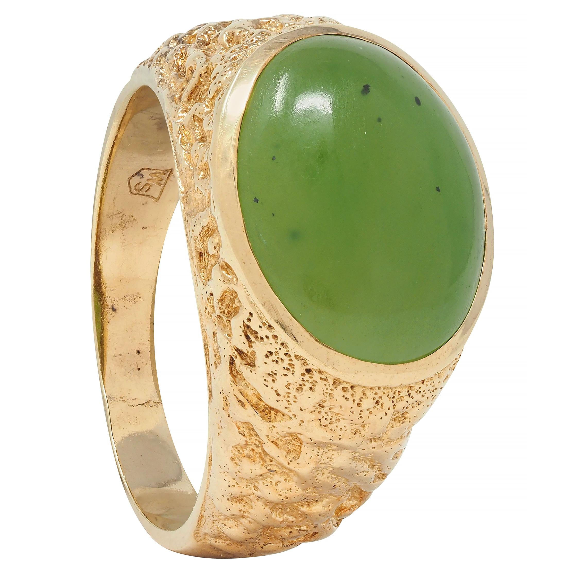Brutalist Jade Cabochon 10 Karat Yellow Gold Vintage Signet Ring