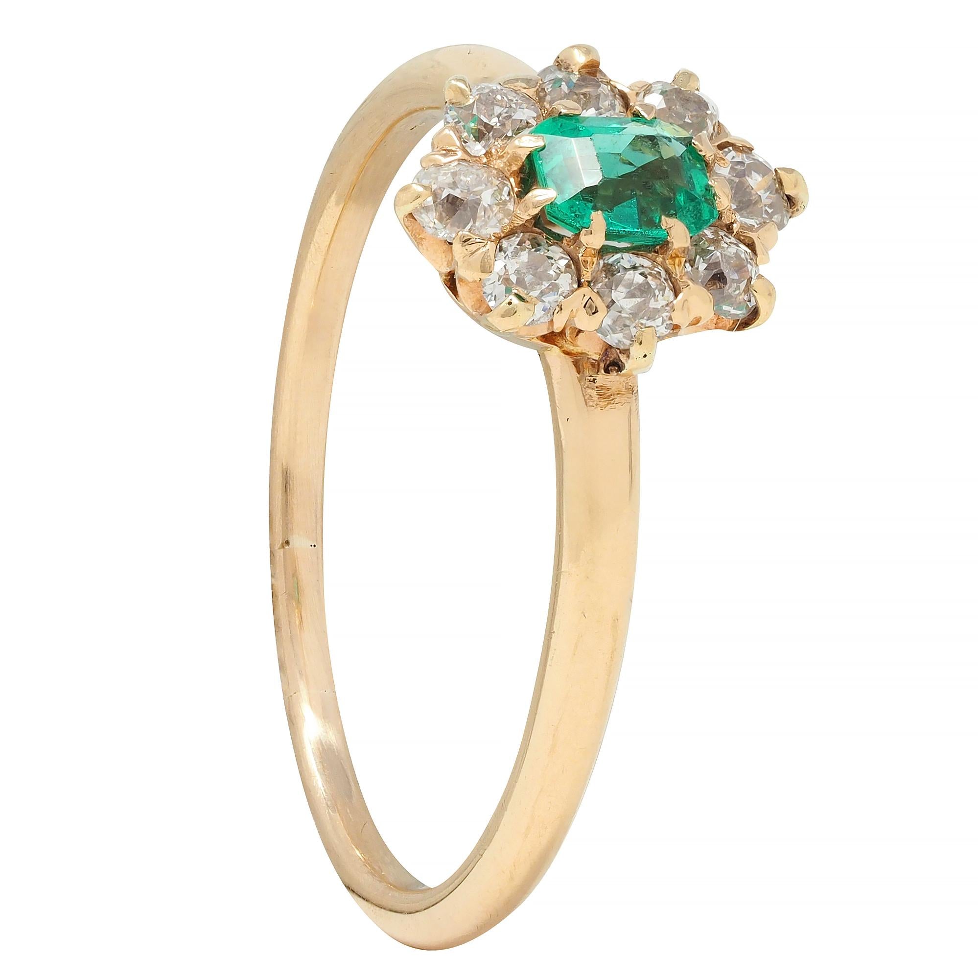 Victorian 0.41 CTW Emerald Diamond 14 Karat Yellow Gold Antique Cluster Ring