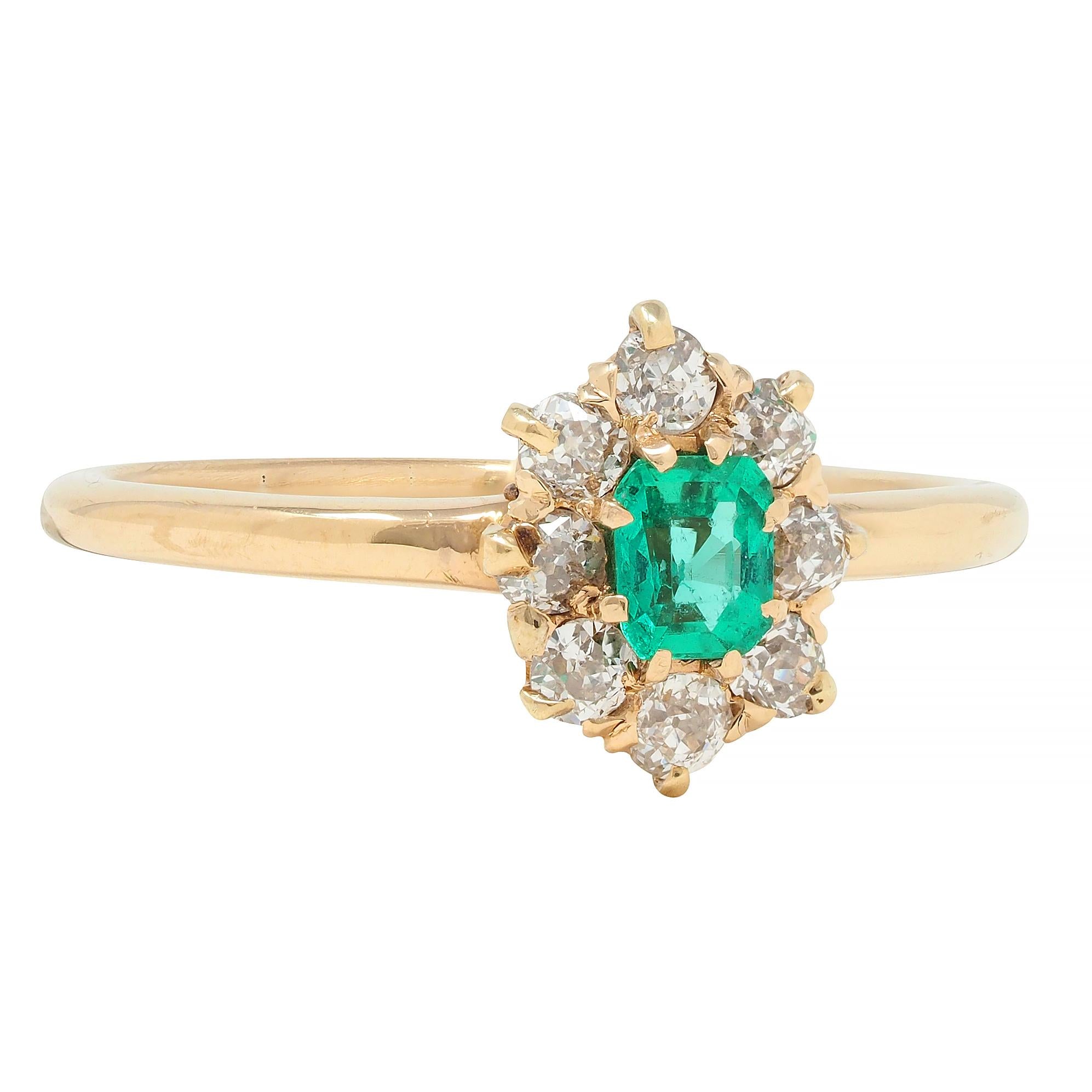 Victorian 0.41 CTW Emerald Diamond 14 Karat Yellow Gold Antique Cluster Ring