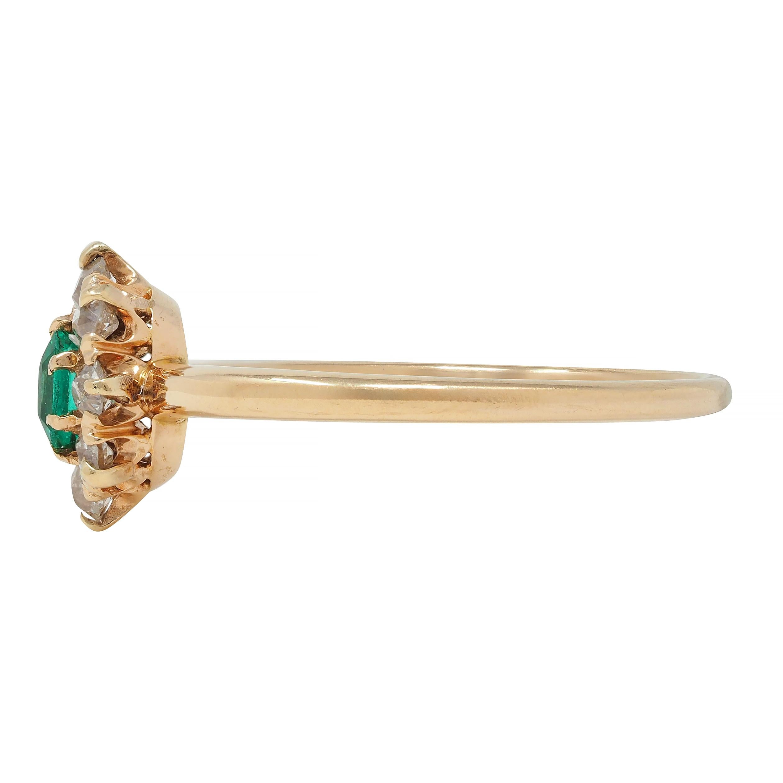 Victorian 0.41 CTW Emerald Diamond 14 Karat Yellow Gold Antique Cluster Ring