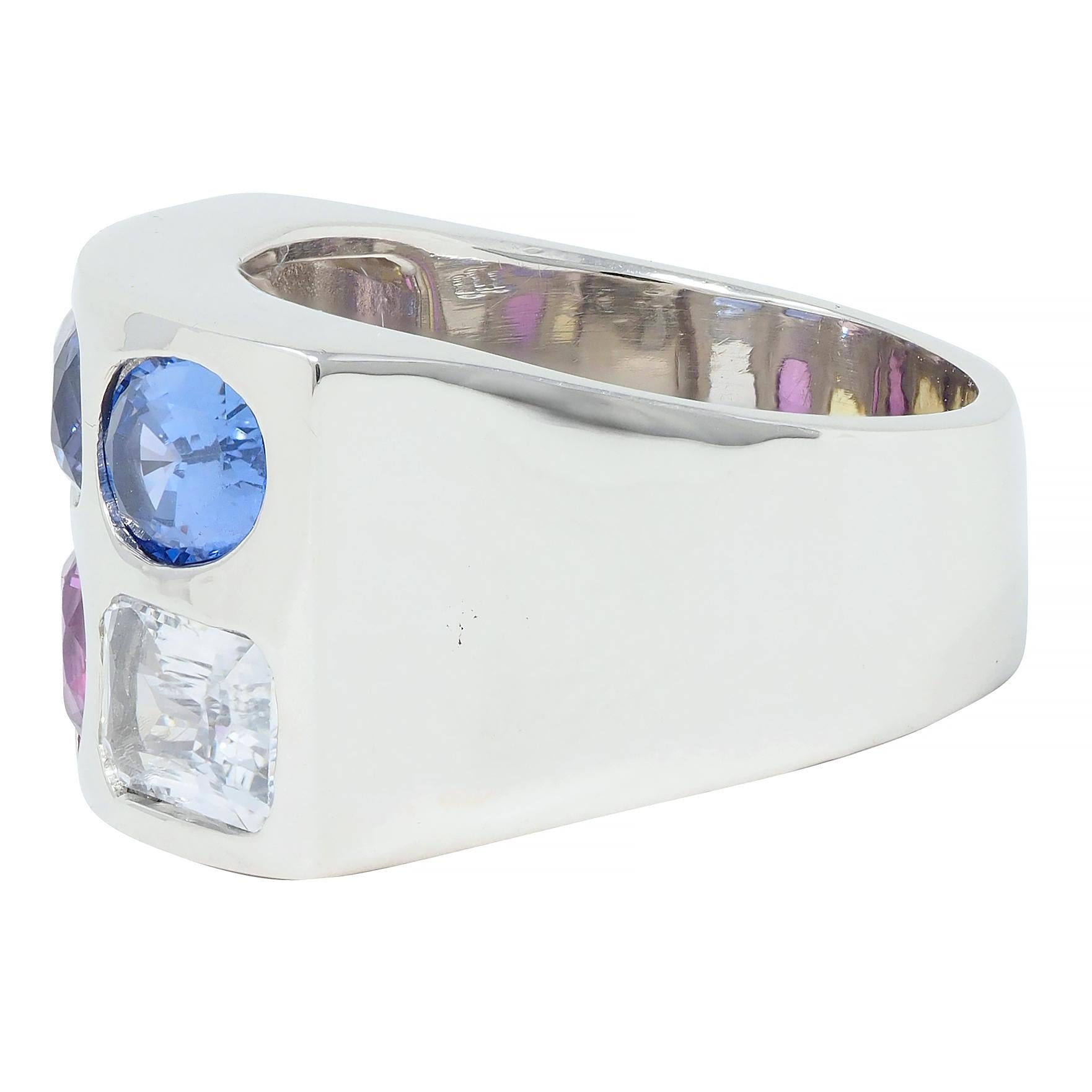 Multi-Colored Blue Pink Yellow Sapphire Platinum Flush Set Statement Ring