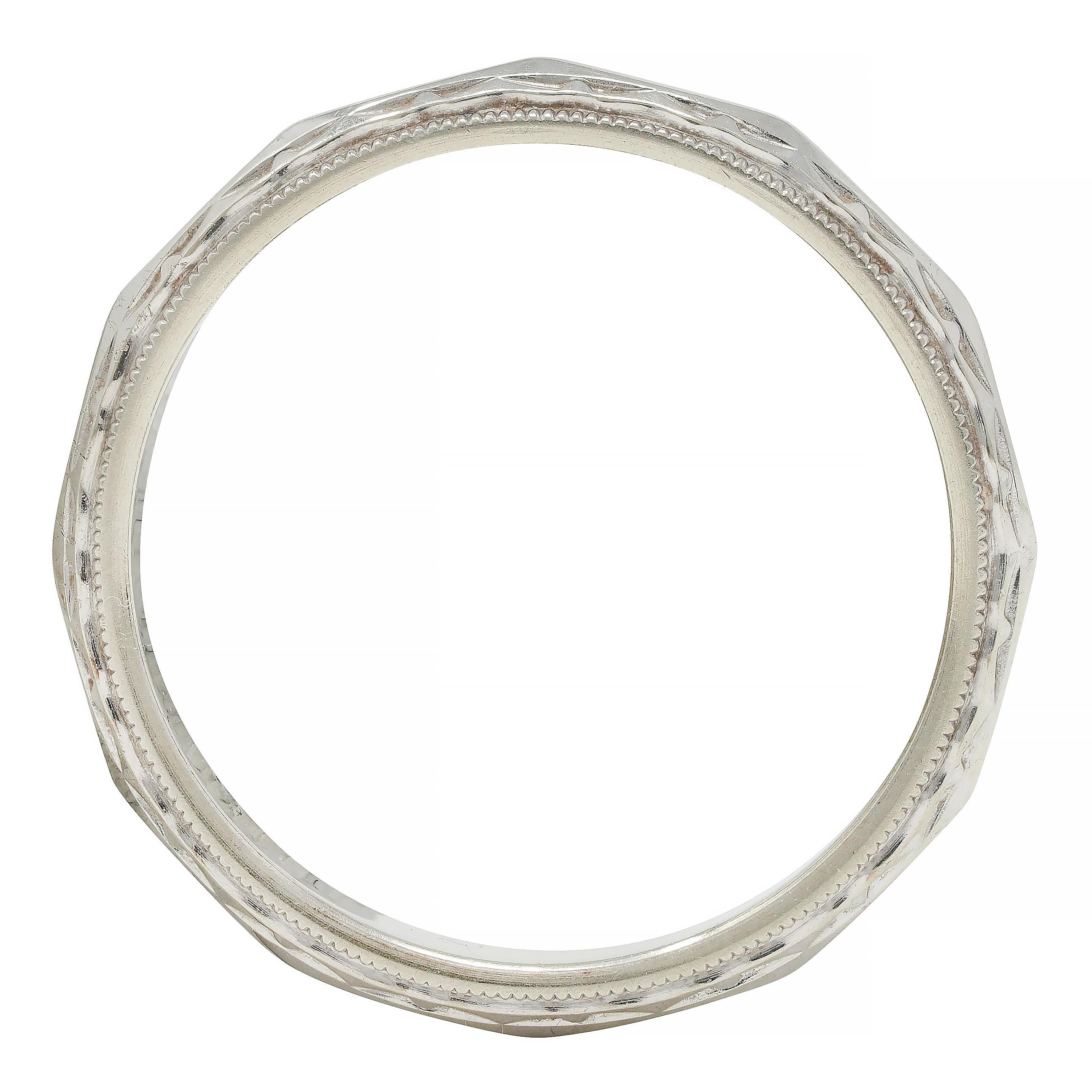 Art Deco 14 Karat White Gold Faceted Anniversary Vintage Wedding Band Ring