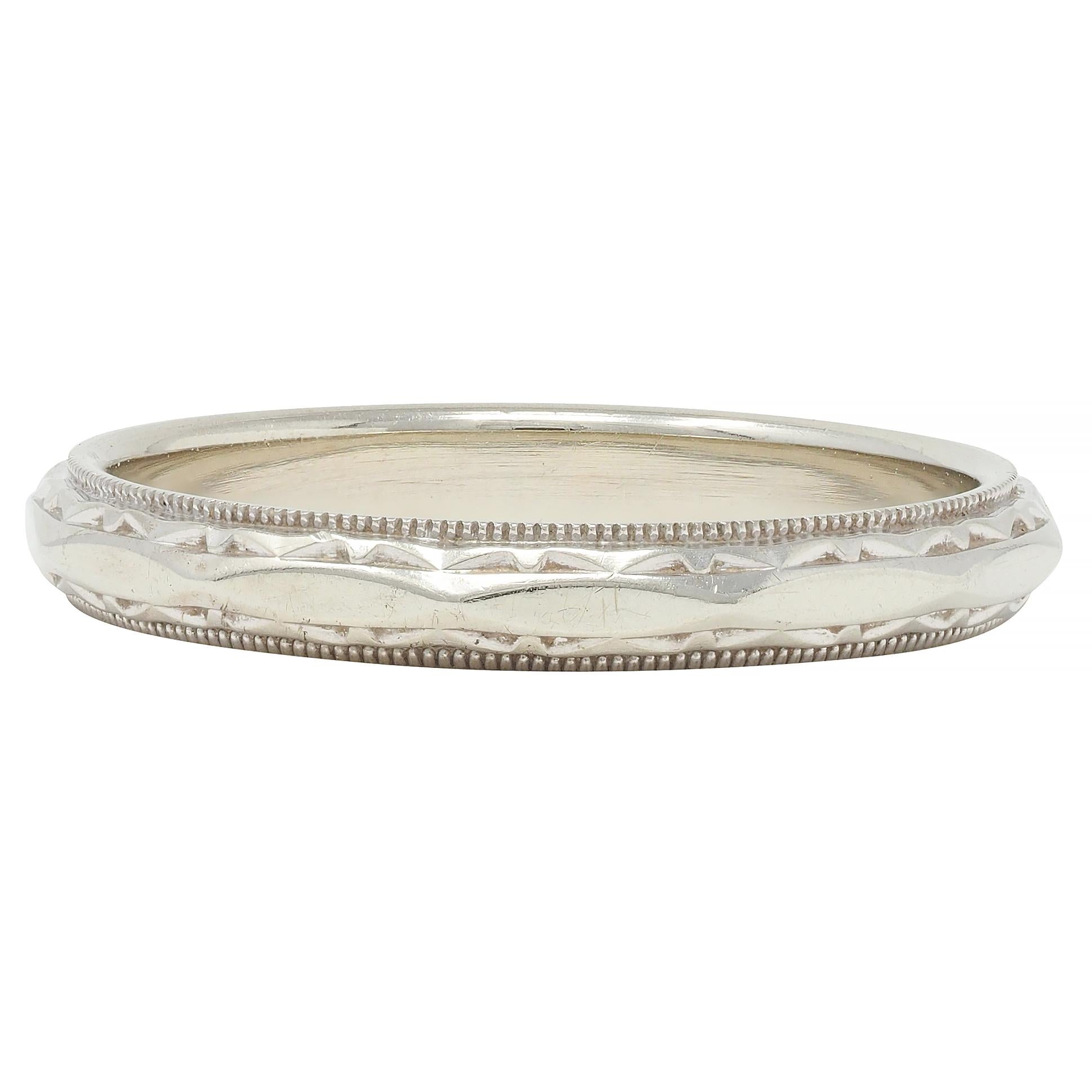 Art Deco 14 Karat White Gold Faceted Anniversary Vintage Wedding Band Ring