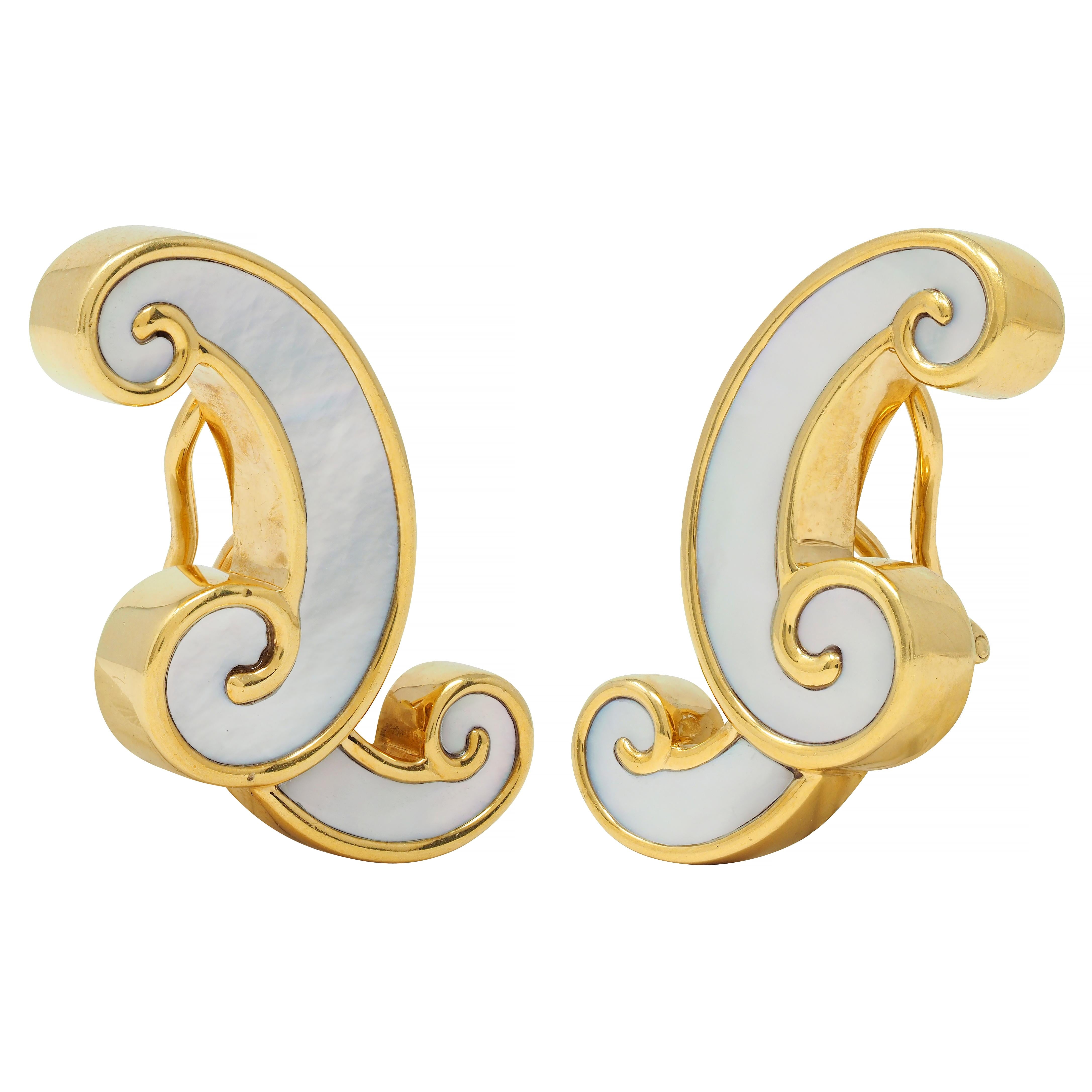 Angela Cummings 1980s Mother-Of-Pearl 18 Karat Gold Scroll Ear-Clip Earrings