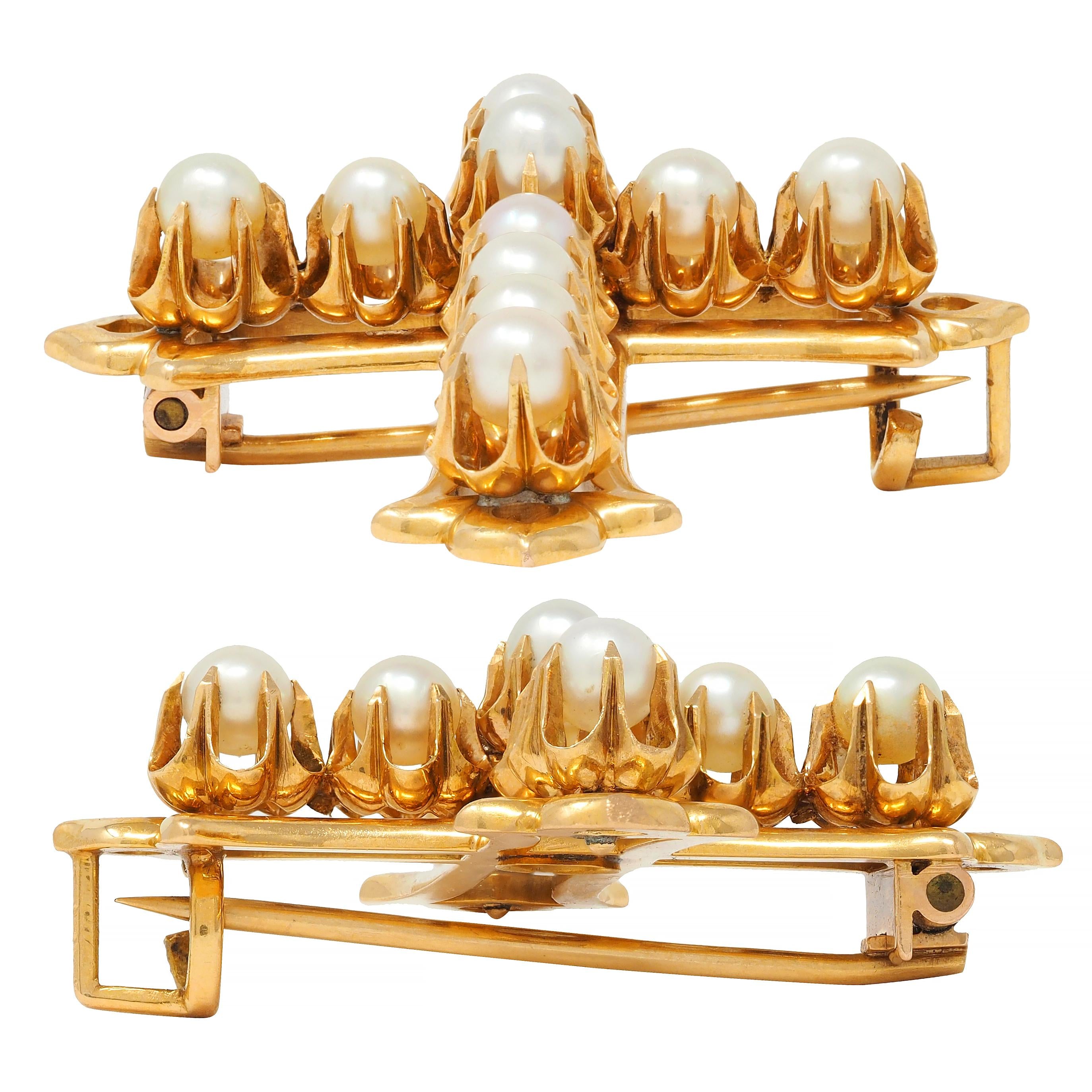 Victorian Pearl 18 Karat Yellow Gold Belcher Set Antique Cross Brooch