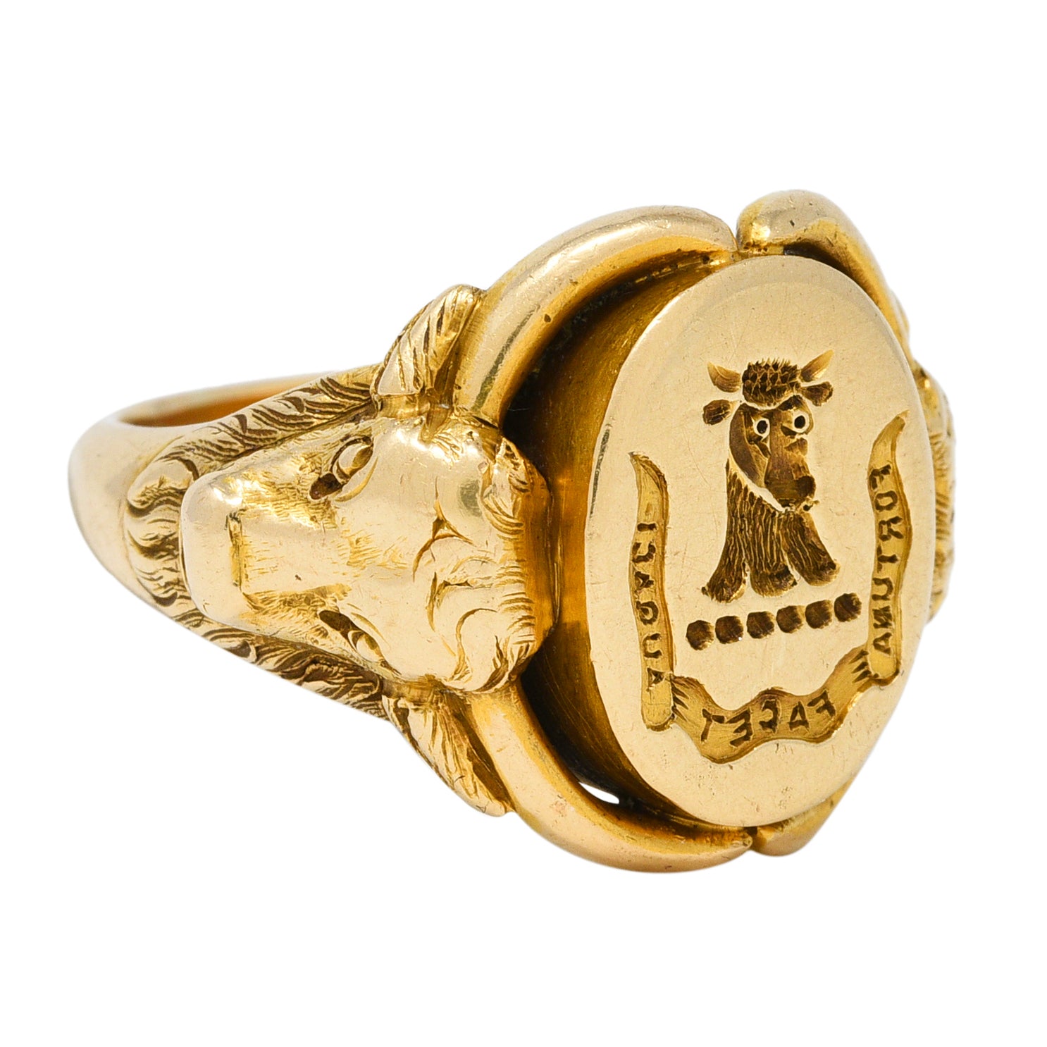 Victorian 14 Karat Yellow Gold Fortune Favors The Brave Bull Antique Intaglio Signet Ring Wilson's Estate Jewelry