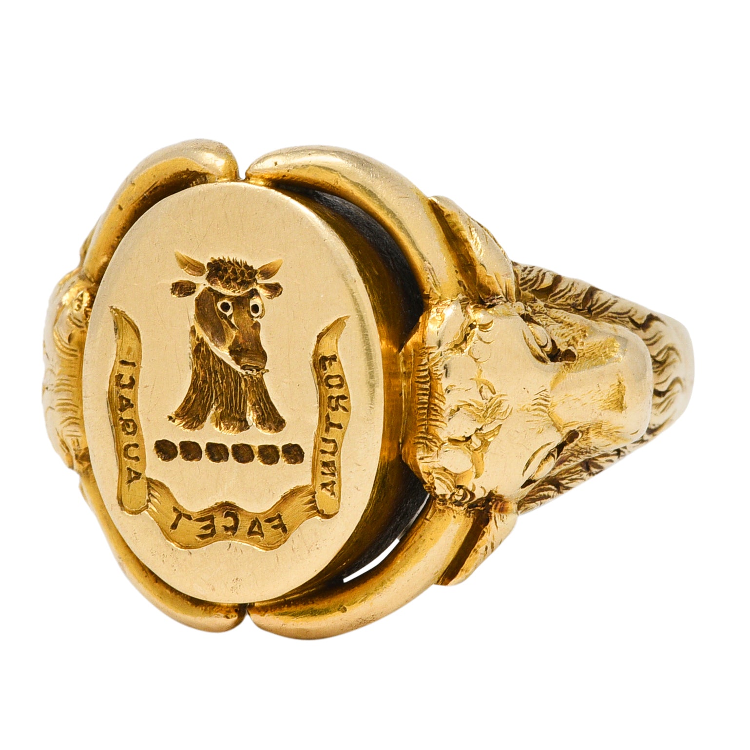 Victorian 14 Karat Yellow Gold Fortune Favors The Brave Bull Antique Intaglio Signet Ring Wilson's Estate Jewelry