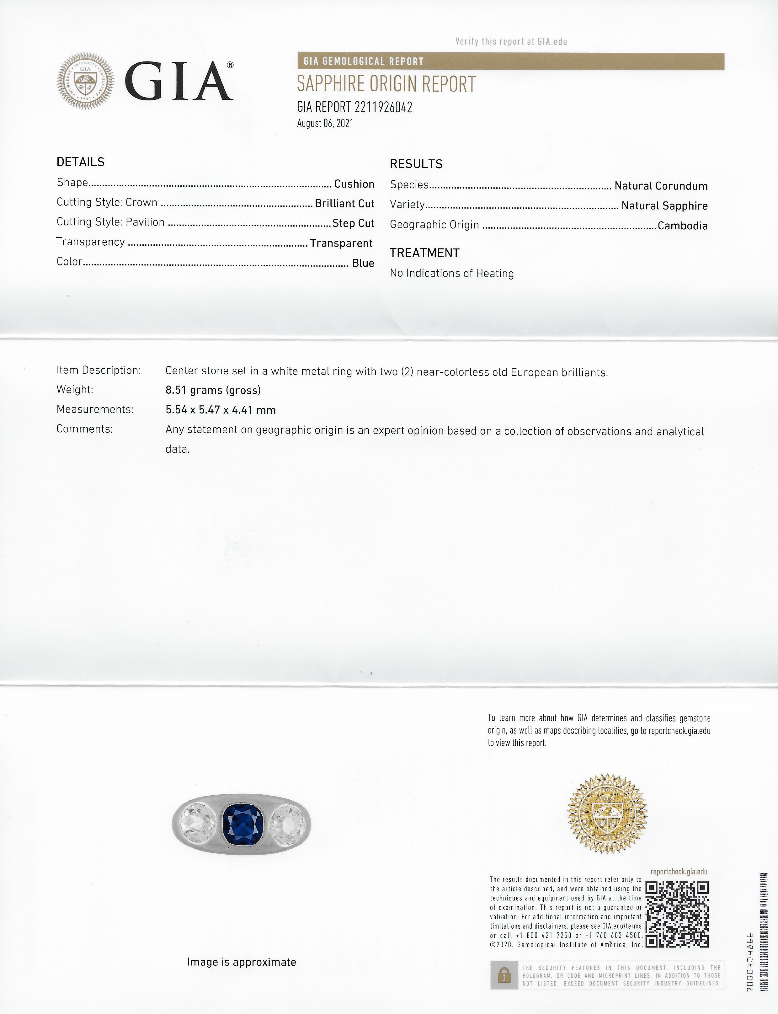 Retro 3.05 CTW No Heat Sapphire Diamond 18 Karat White Gold Gypsy Unisex Ring GIARing - Wilson's Estate Jewelry