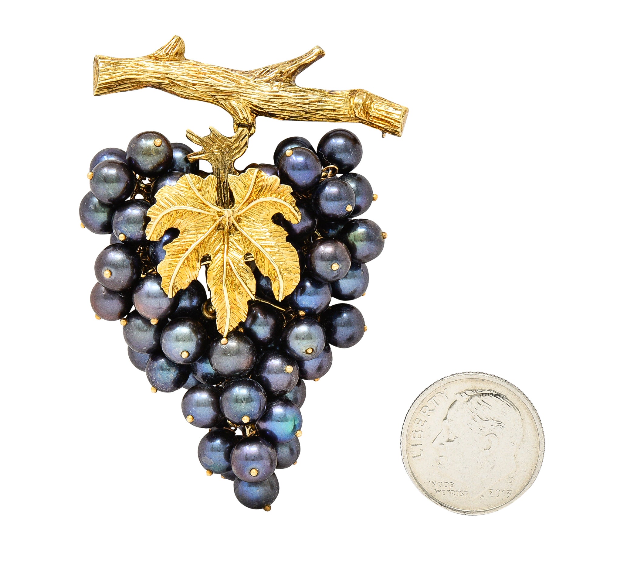Vintage Tahitian Pearl 18 Karat Yellow Gold Grape Cluster Tremblant Brooch Wilson's Estate Jewelry