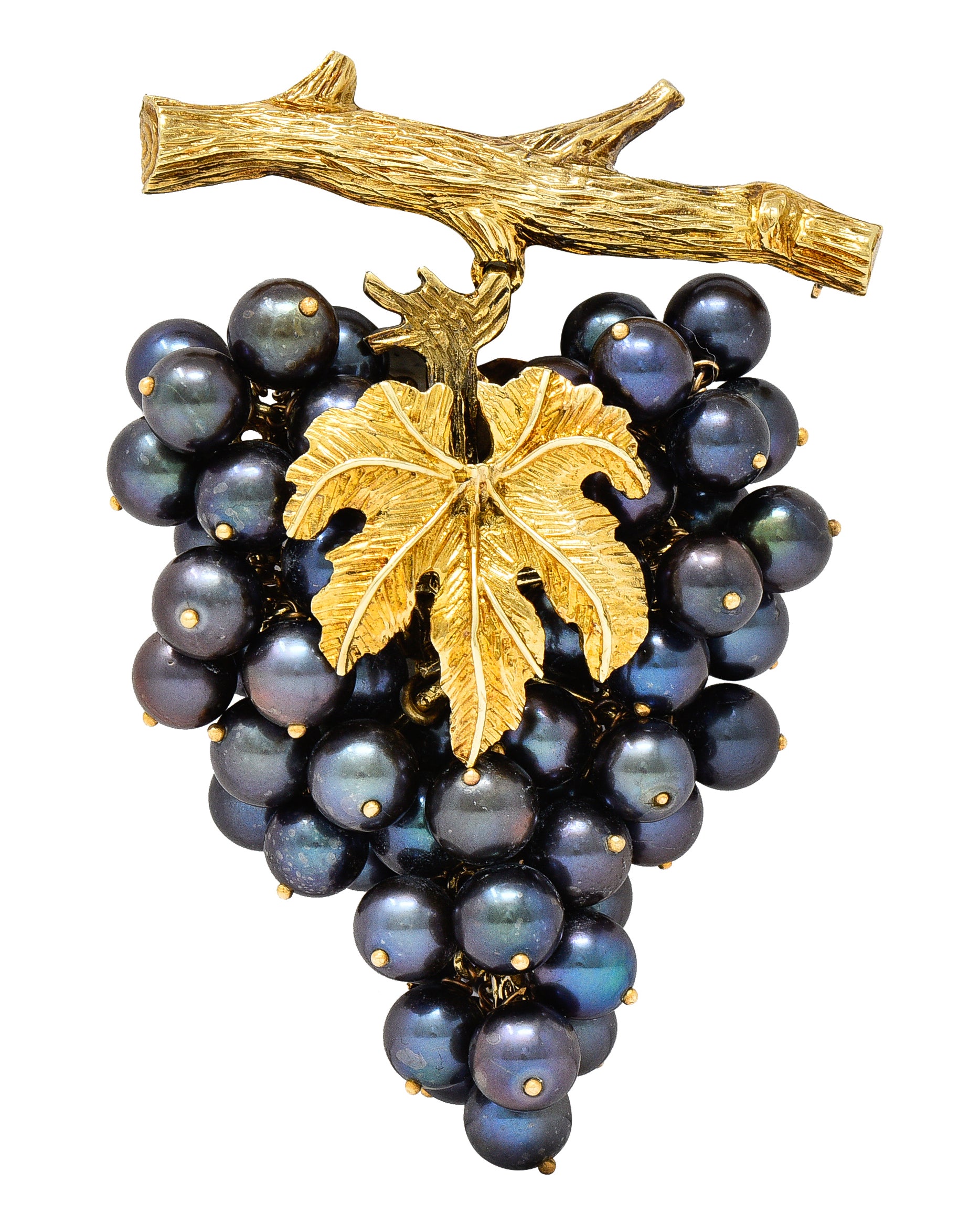 Vintage Tahitian Pearl 18 Karat Yellow Gold Grape Cluster Tremblant Brooch Wilson's Estate Jewelry