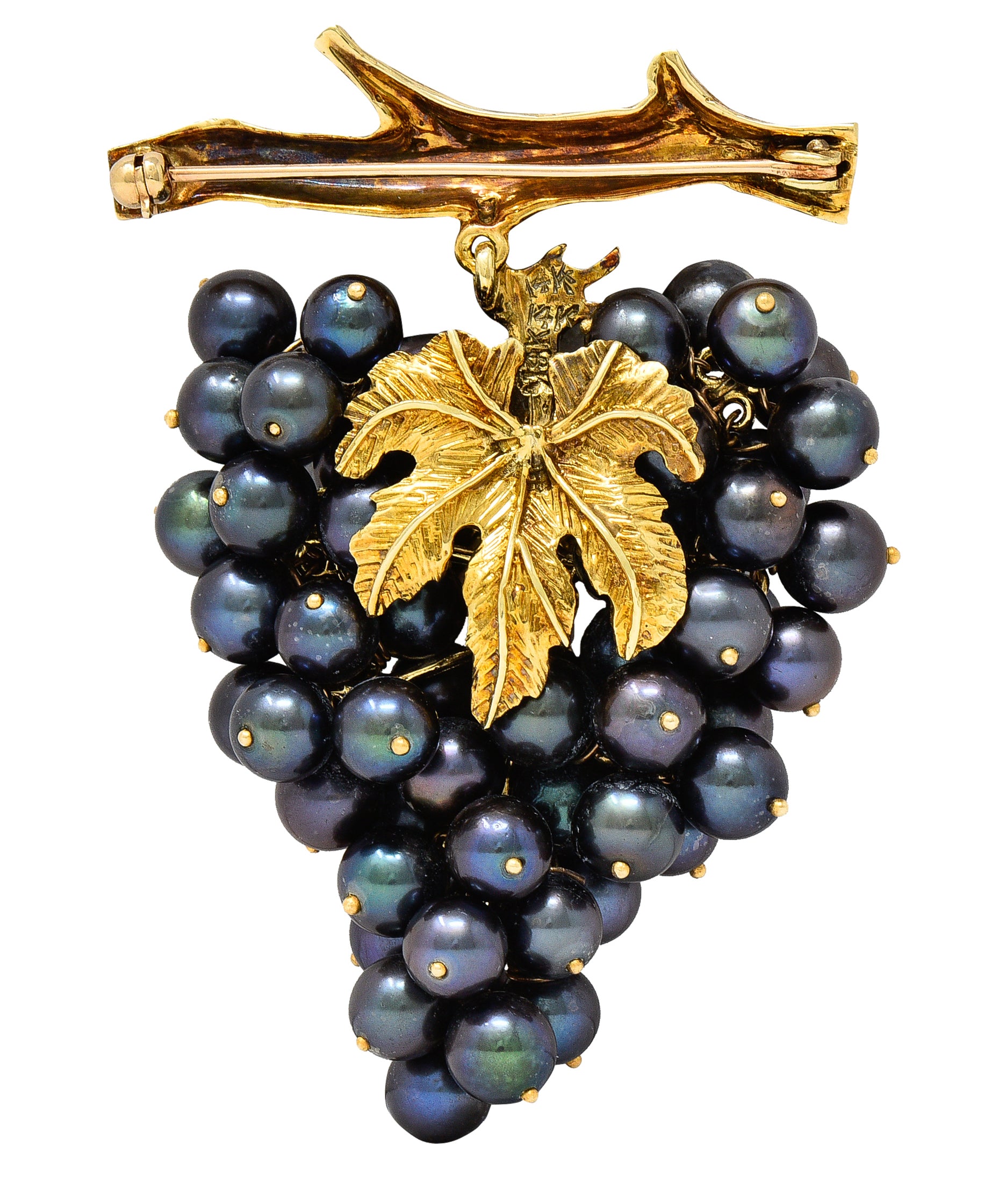 Vintage Tahitian Pearl 18 Karat Yellow Gold Grape Cluster Tremblant Brooch Wilson's Estate Jewelry