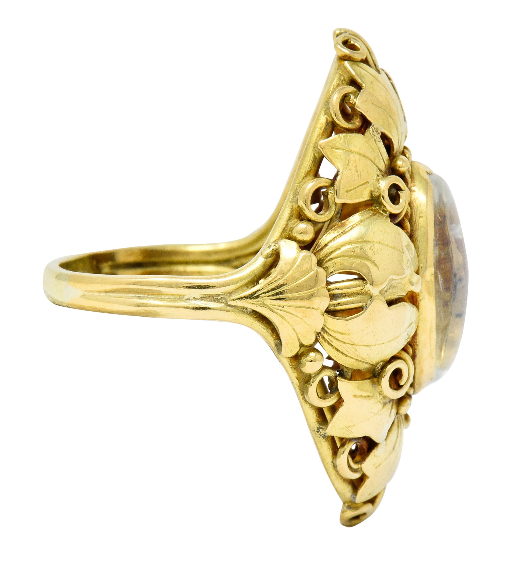 Arts & Crafts Moonstone 18 Karat Gold Layered Foliate Ring - Wilson's Estate Jewelry