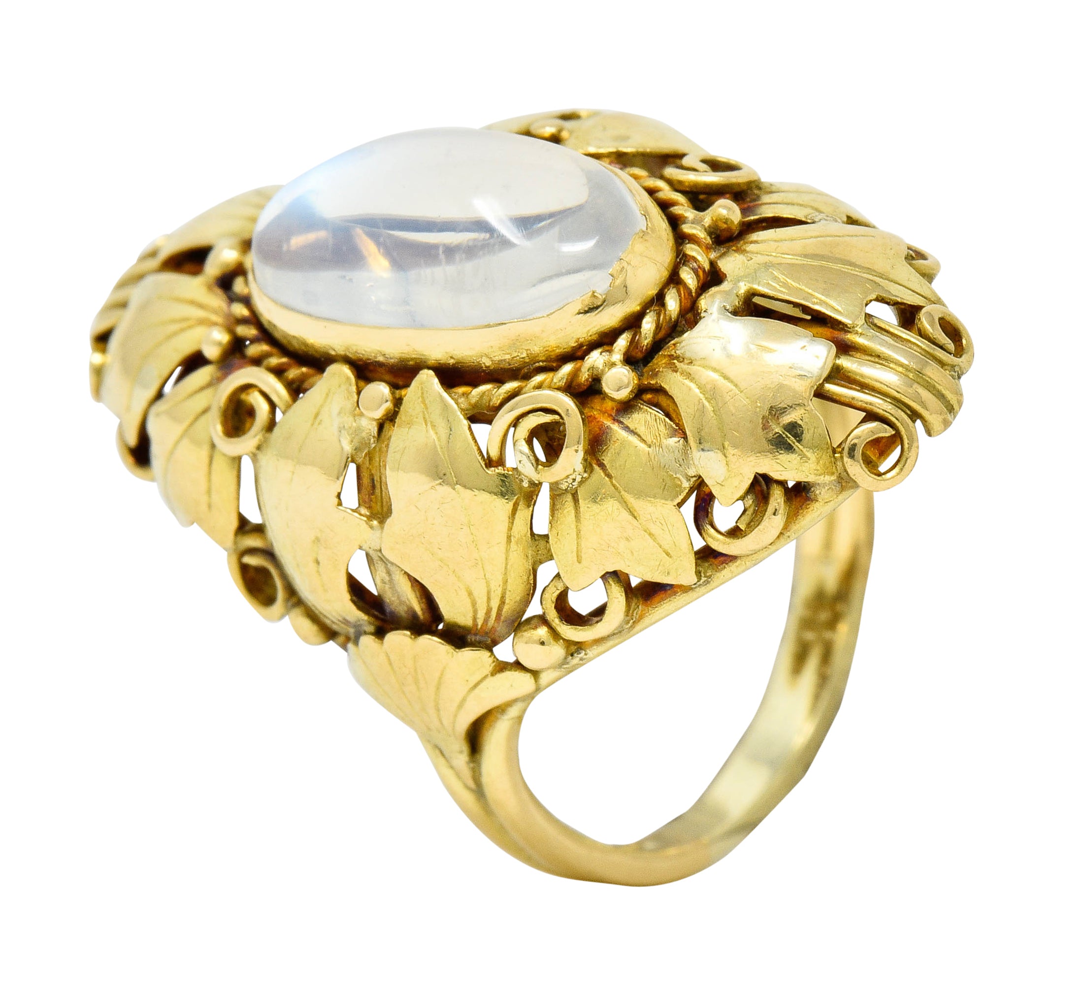 Arts & Crafts Moonstone 18 Karat Gold Layered Foliate Ring - Wilson's Estate Jewelry